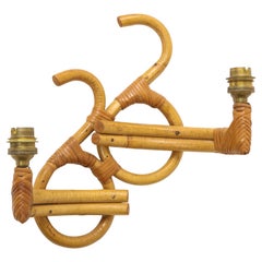 Sognot Style Double Lights Mid Century Rattan Wall Light, France, 1960's