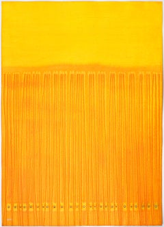 Pintura vertical sobre papel amarillo azafrán texturizado, Arte abstracto contemporáneo