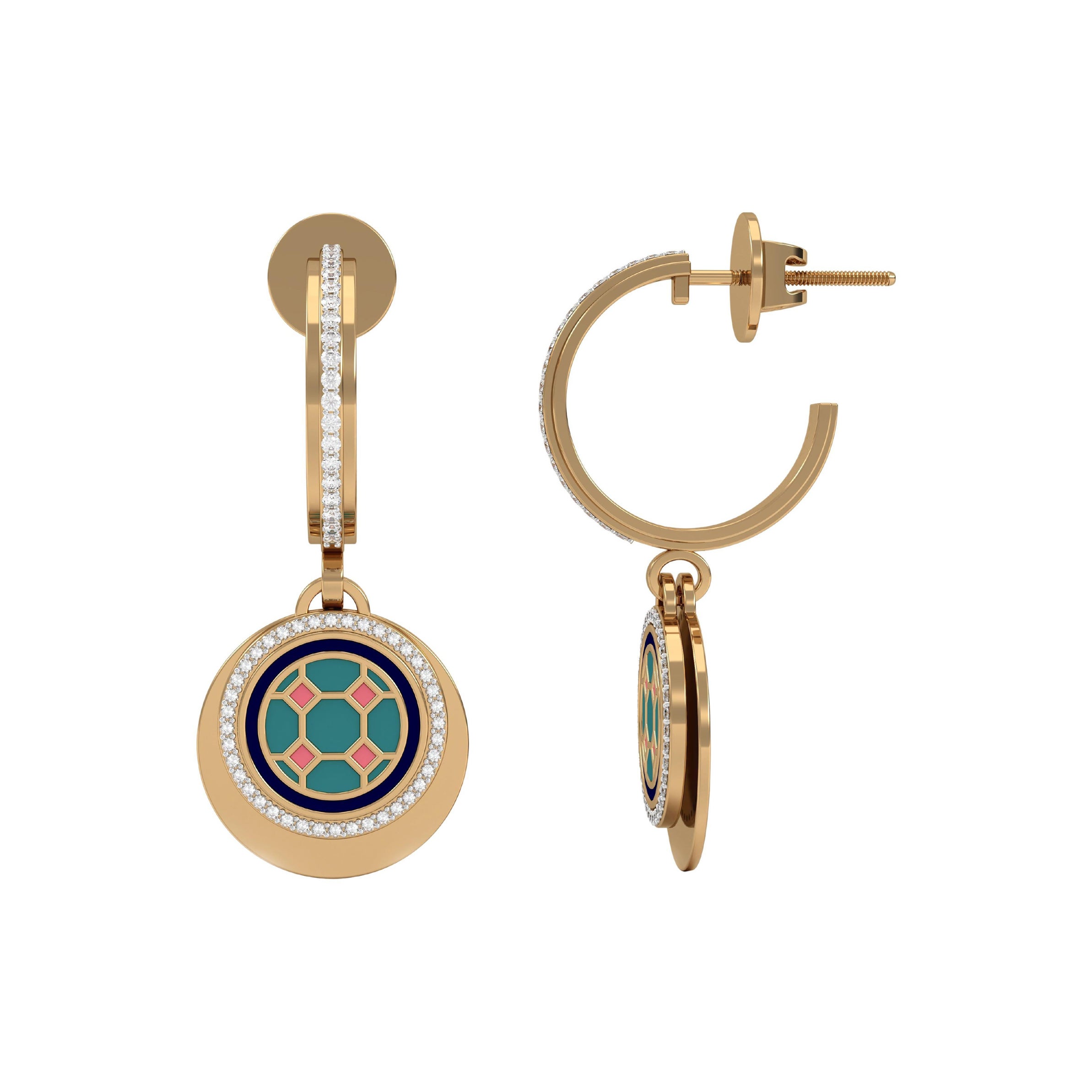 SOHNAA 18 Karat Gold Diamant-Emaille Miraas Gulsen Kleine Creolen-Ohrringe mit Danglers