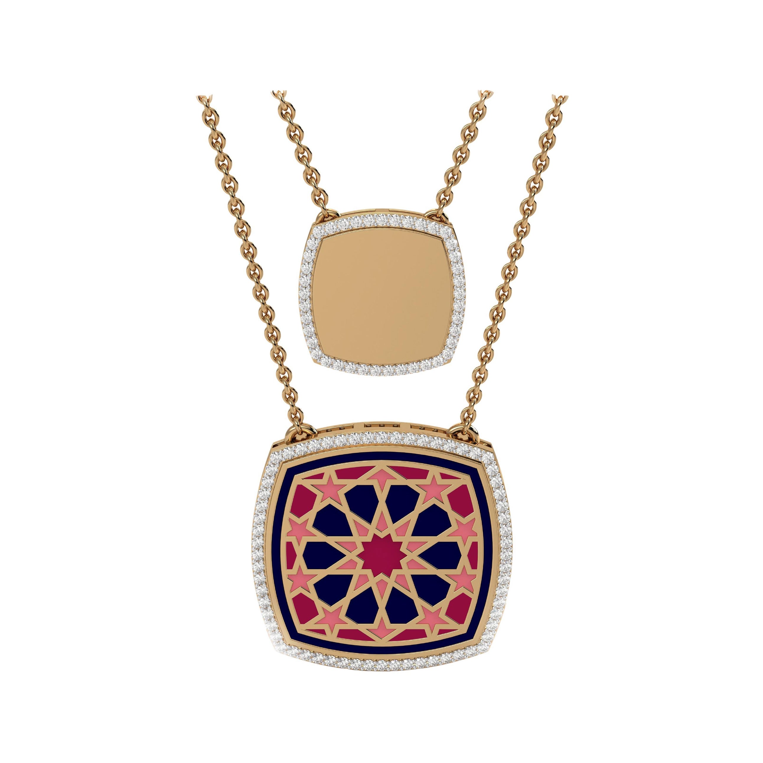 SOHNAA 18kt Gold Diamond Enamel Miraas Omaira Cushion Chain Pendant For Sale