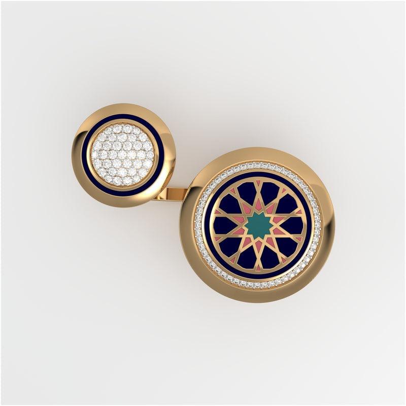 En vente :  SOHNAA Bague double ronde Miraas Omaira en or 18 carats avec diamants et émail Moyen 2