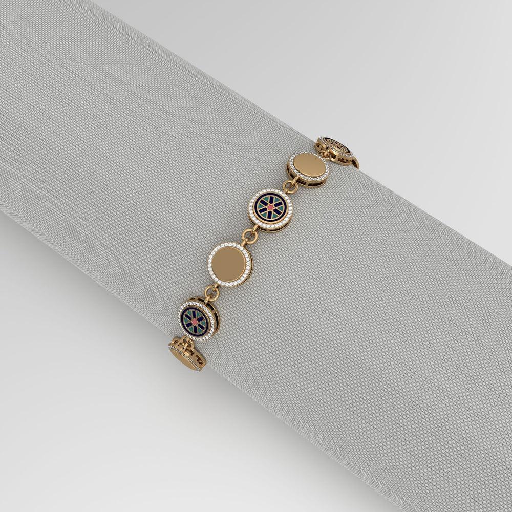 Omira Bracelet Medium, from our award winning Miraas collection meticulously crafted in 18kt gold, with finely assorted diamonds, and set with 6 point star Persion girih pattern in specially formulated Prussian Blue, Pastel Turquoise and Melon