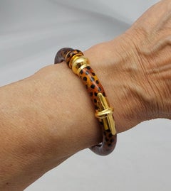 SOHO 18K Yellow Gold Enamel Cheetah Print Hinged Cuff Bracelet, Italy