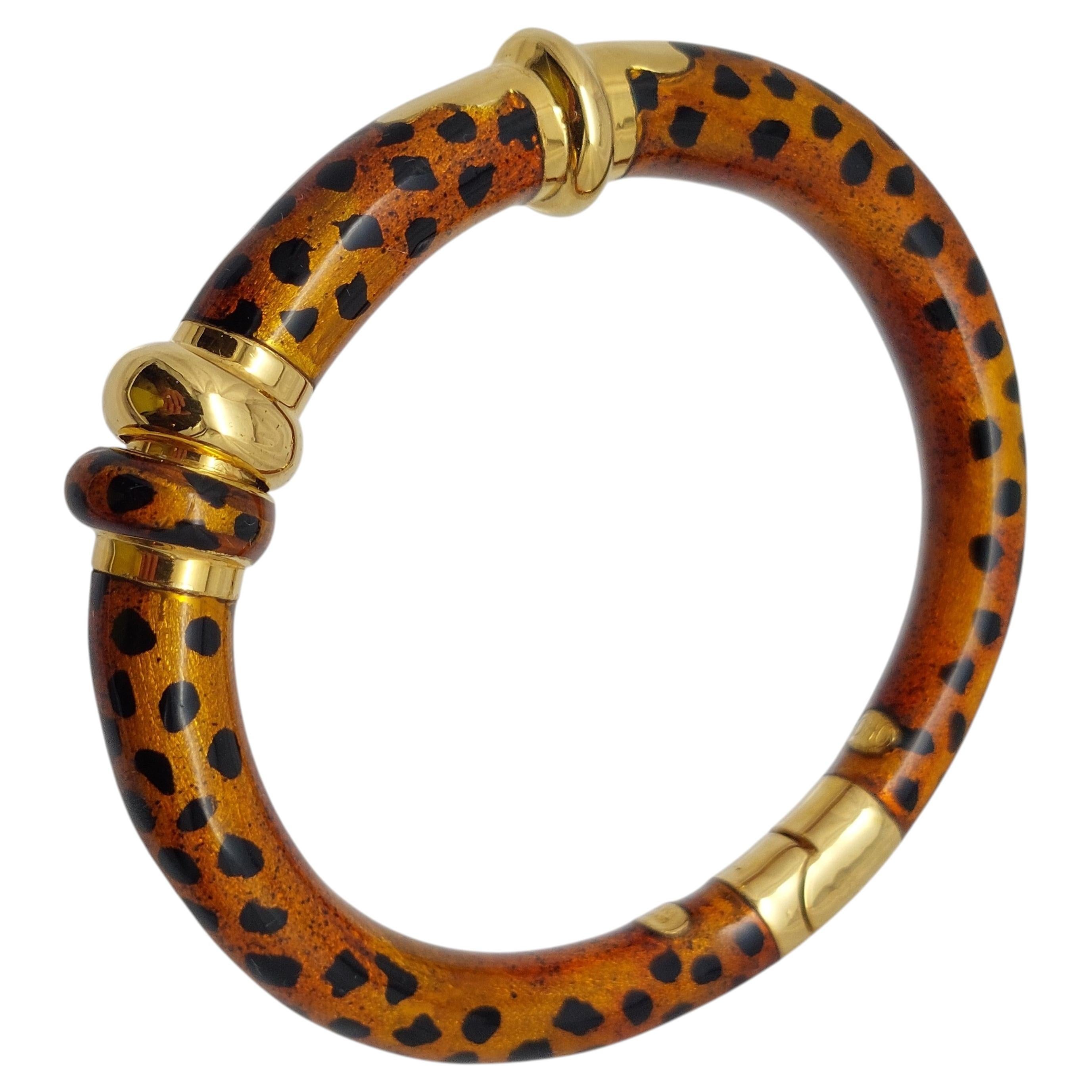 SOHO 18K Yellow Gold Enamel Cheetah Print Hinged Cuff Bracelet, Italy For Sale