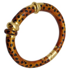SOHO 18K Yellow Gold Enamel Cheetah Print Hinged Cuff Bracelet, Italy