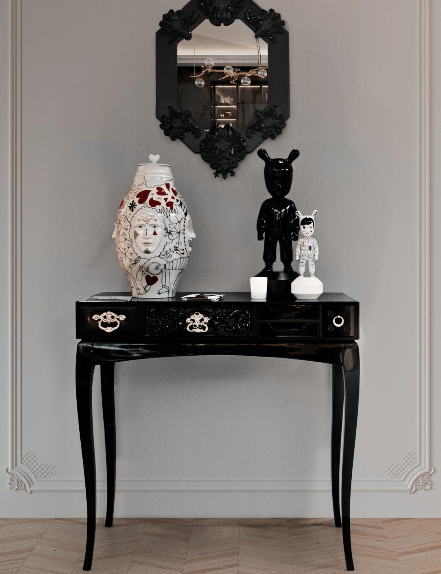 Métal Console Soho noire, bois artisanal, laiton à feuilles d'or et verre - Boca do Lobo en vente