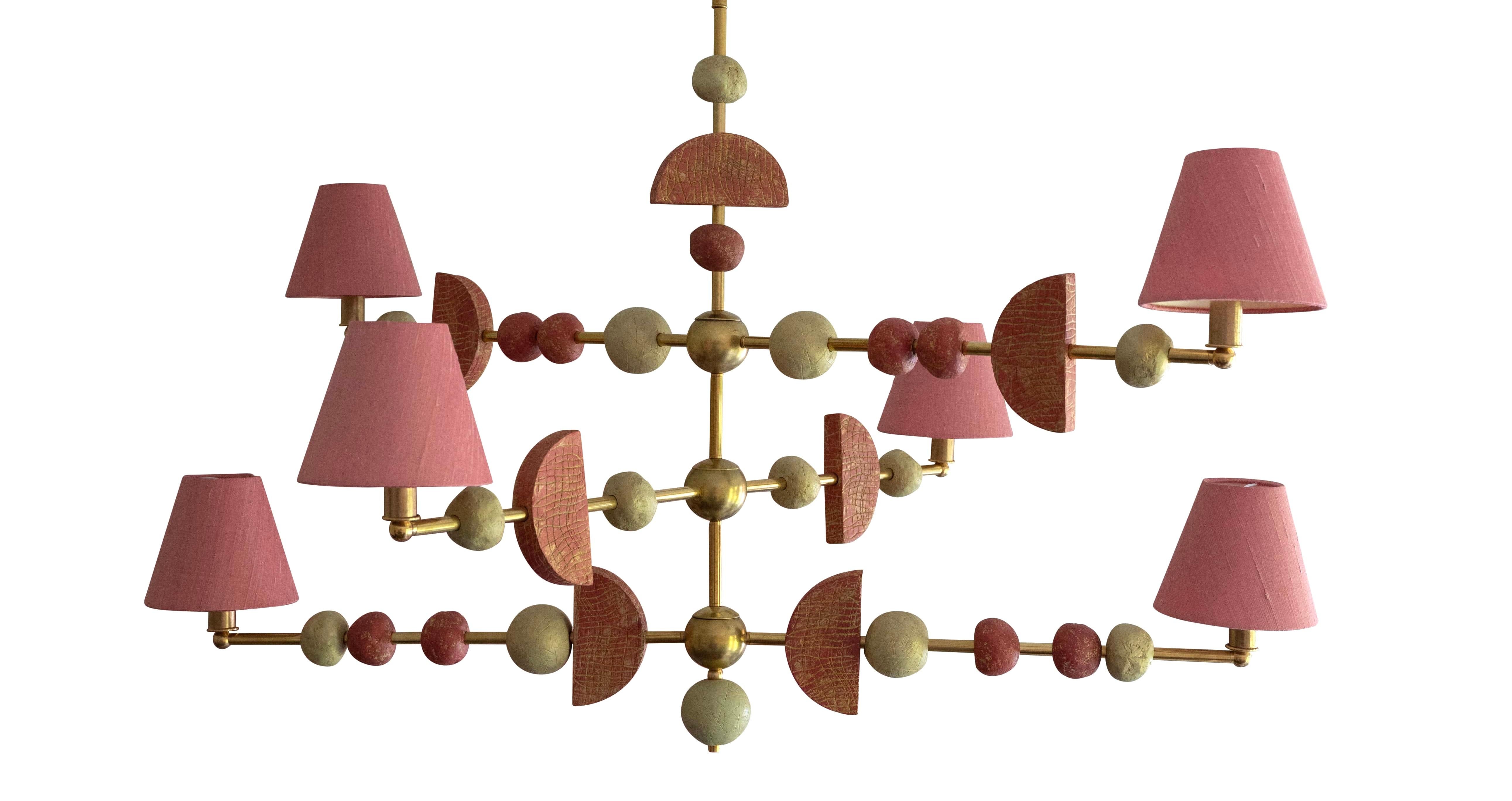 Soho Chandelier, Contemporary, Sculptural in Brass with Silk Coral Lampshades