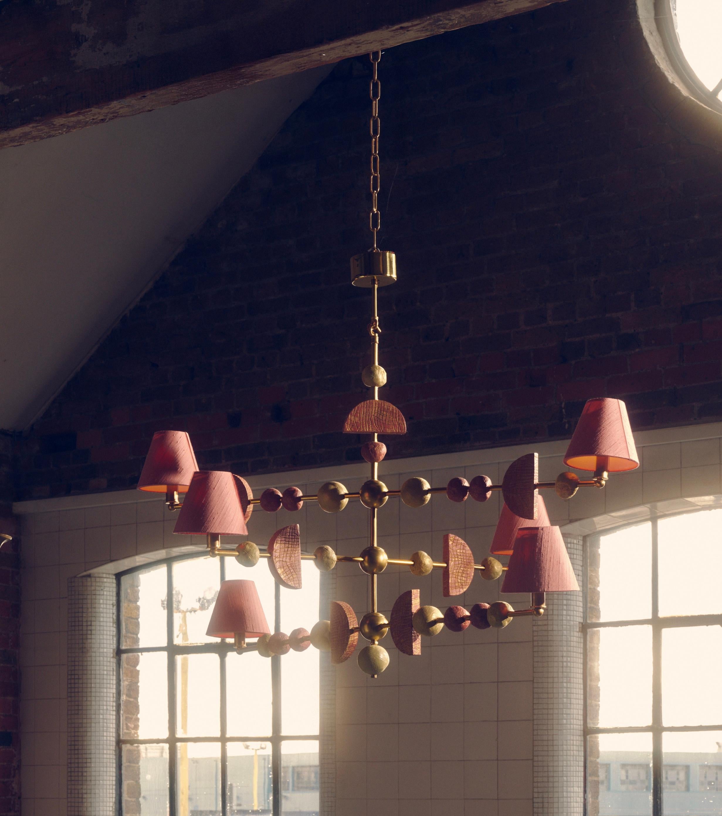 Soho Chandelier, Contemporary, Sculptural in Brass with Silk Coral Lampshades In New Condition For Sale In  London, GB