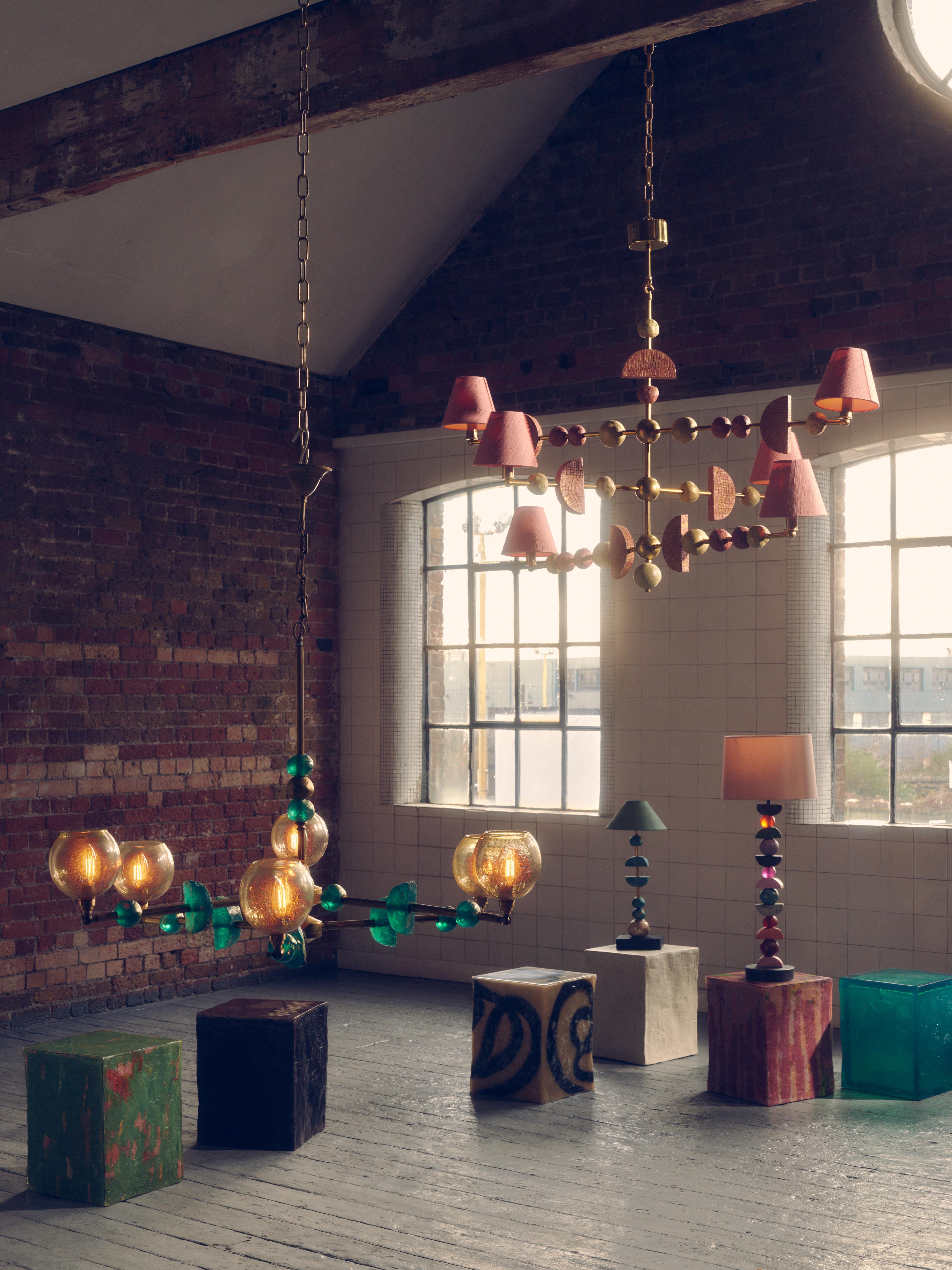 Soho Chandelier, Contemporary, Sculptural in Brass with Silk Coral Lampshades For Sale 1