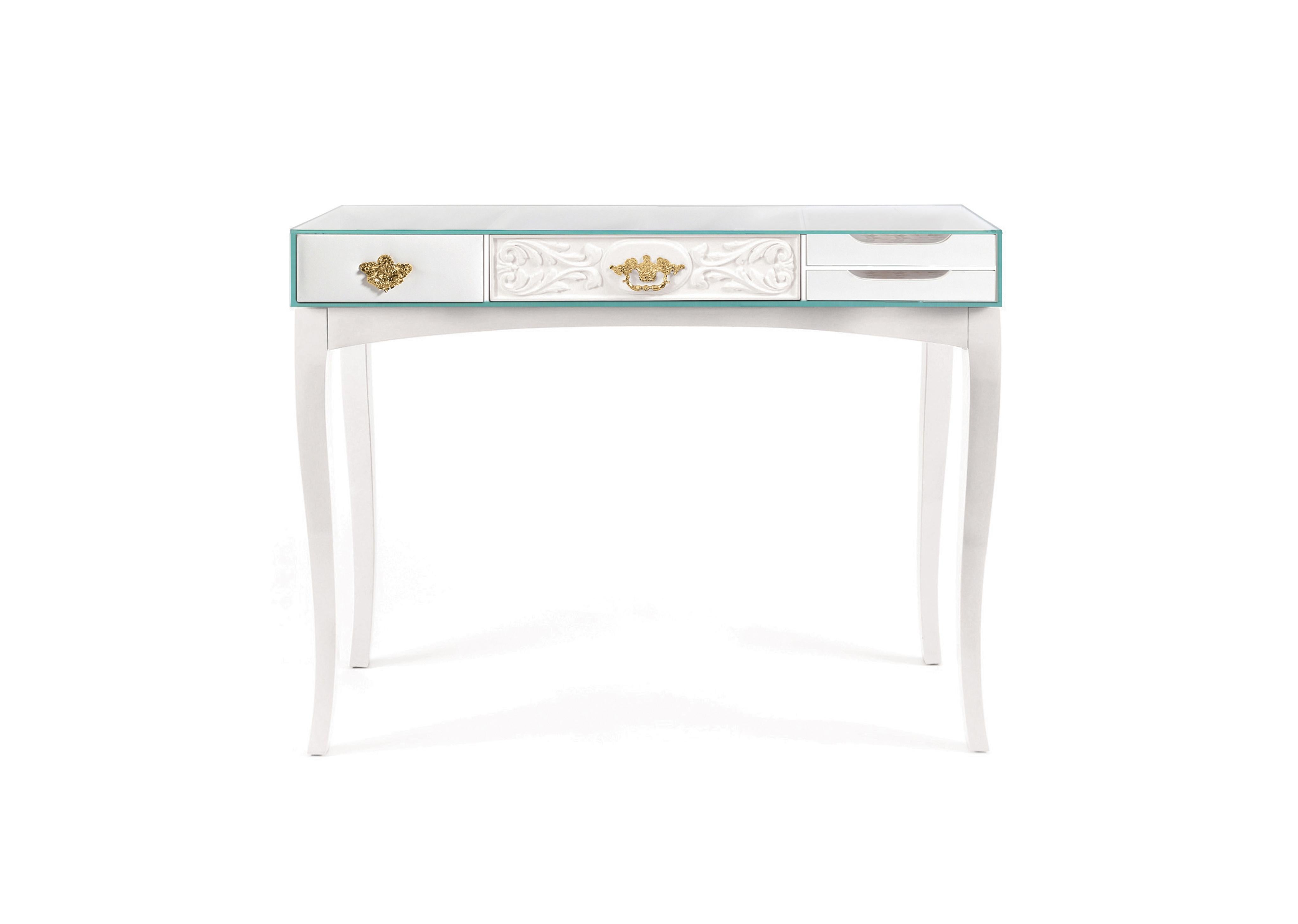Soho console, a tribute to Soho sideboard, has been launched by Boca do Lobo. A collection of wood drawers finished in mirror and black glass with etched detailing, gold leaf, diamond matched rosewood veneer, high gloss blue or pink lacquer and