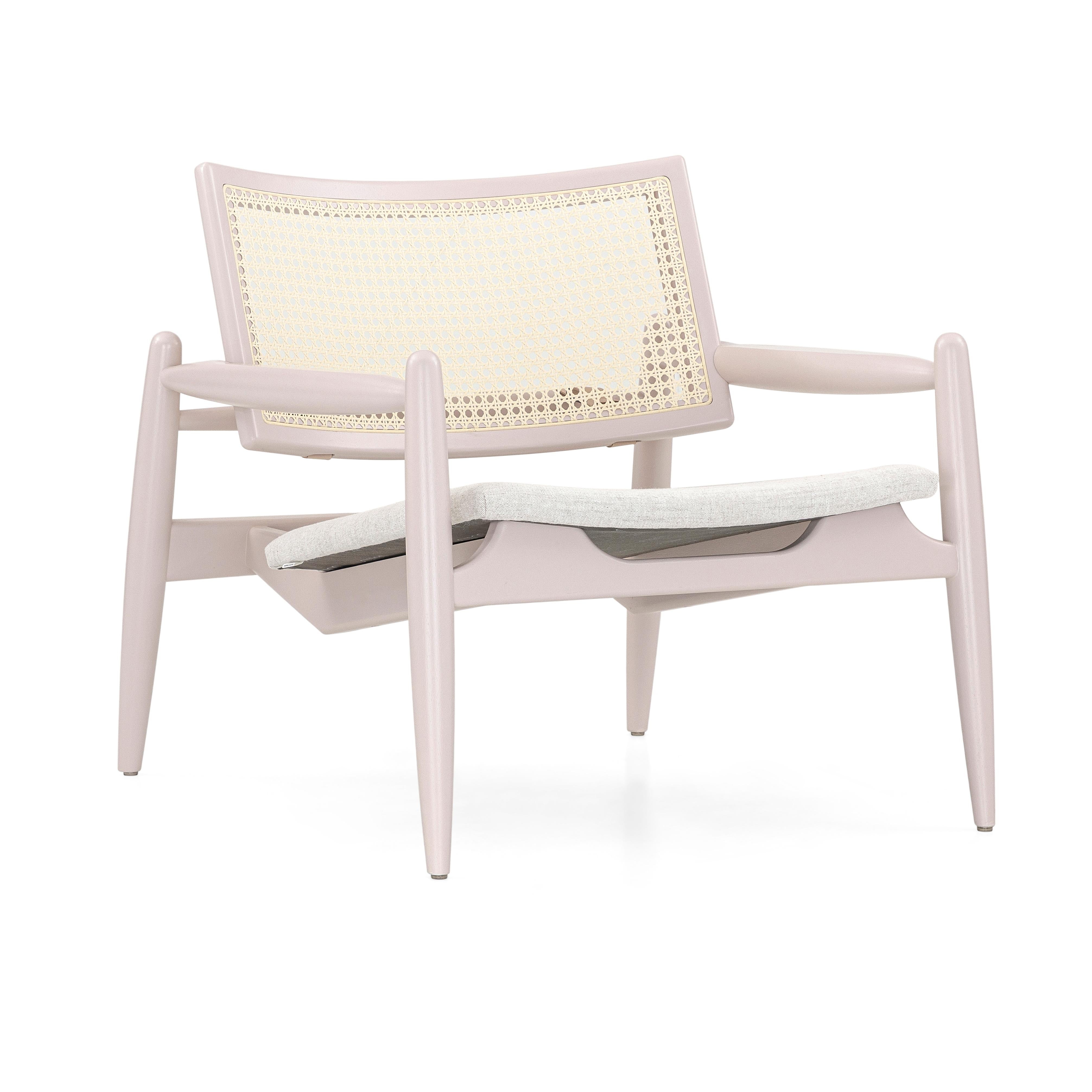 Lacquered Quartz Wood Armchair with Cane Back and Off-White Fabric, Soho Collection For Sale