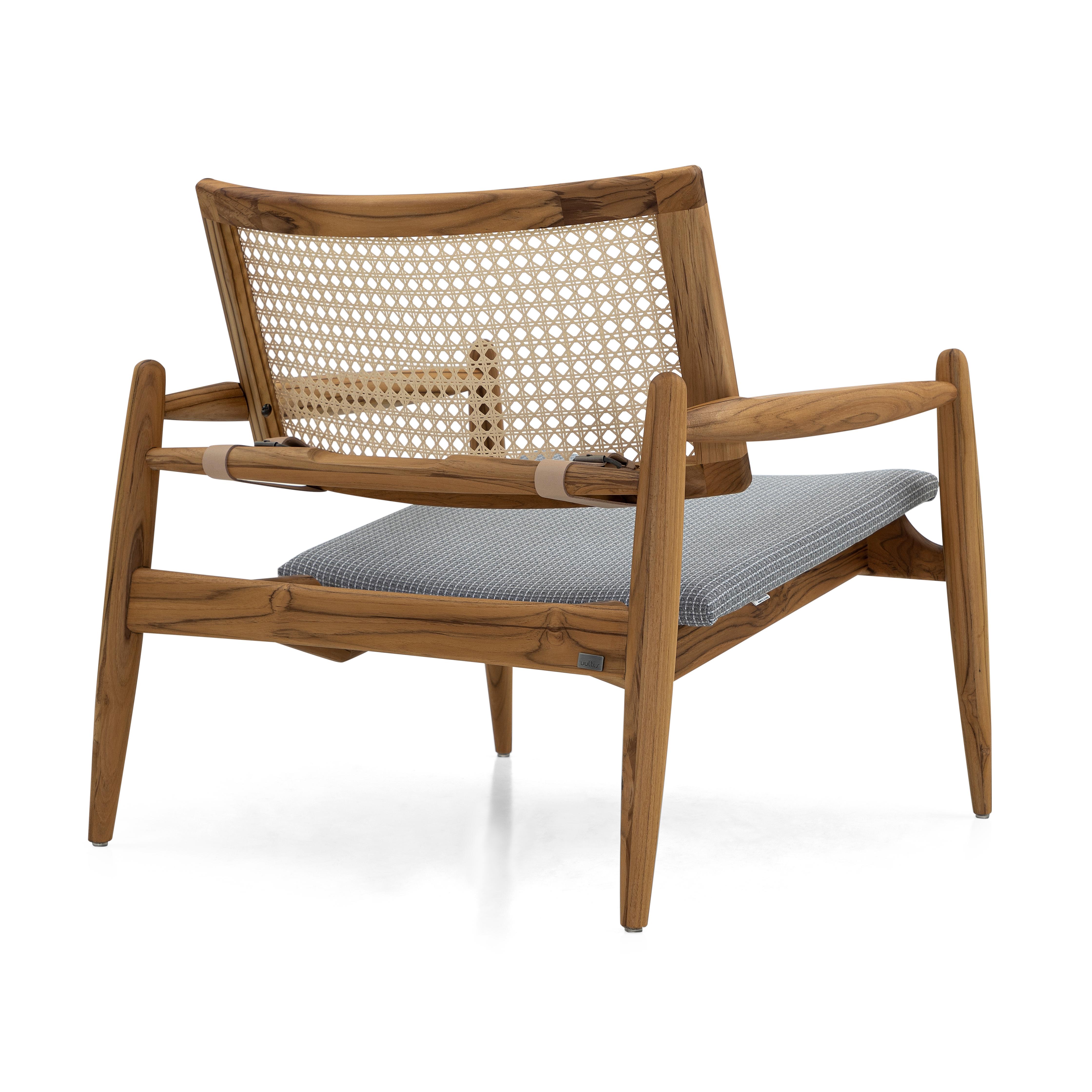 Soho Curved Cane-Back Chair in Teak Wood Finish and Gray Plaid Fabric In New Condition For Sale In Miami, FL