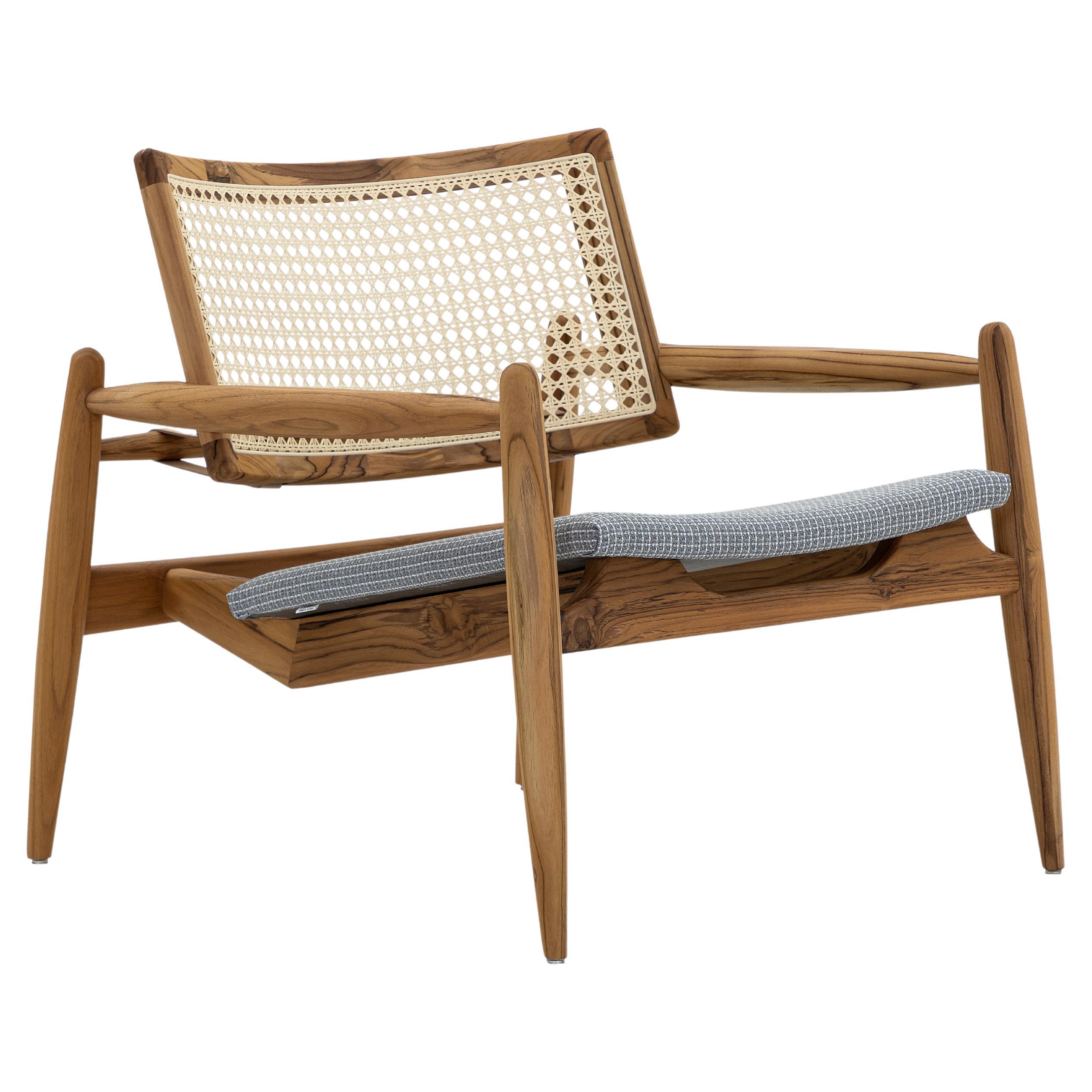 Soho Curved Cane-Back Chair in Teak Wood Finish and Gray Plaid Fabric