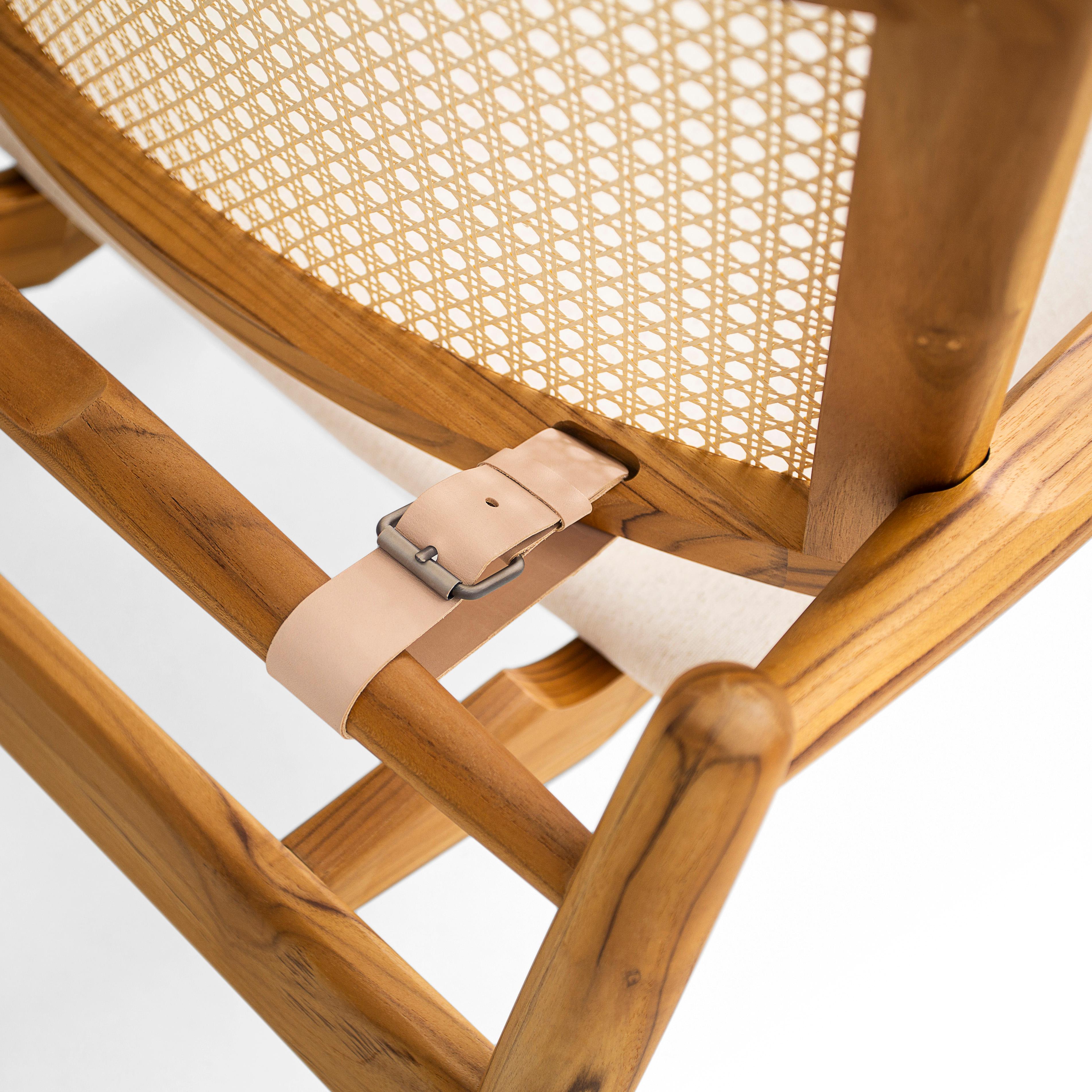 Brazilian Soho Curved Cane-Back Chair in Teak and Oatmeal Fabric