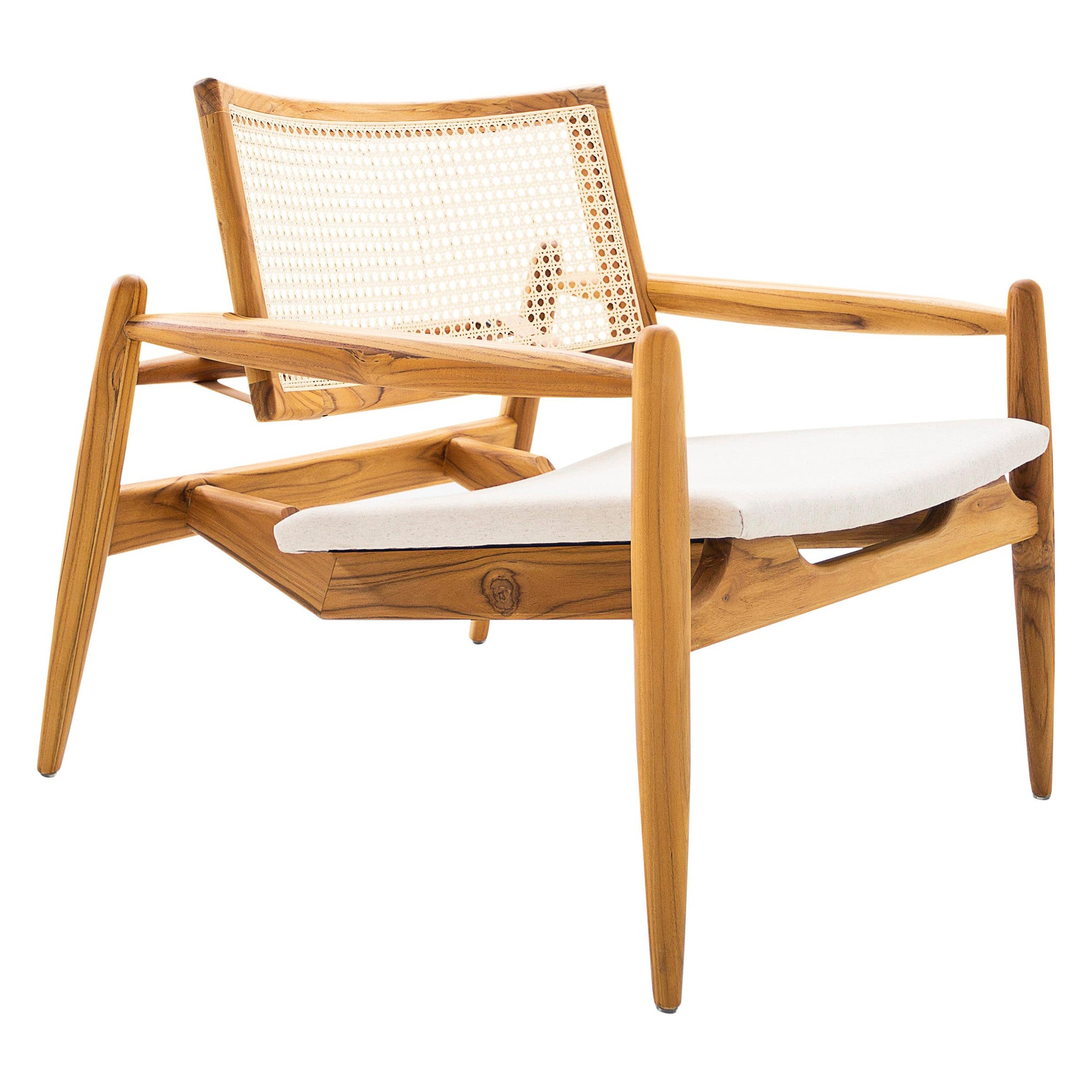 Teak Wood Armchair with Cane Curved Back and Oatmeal Fabric Cushion, Soho Line