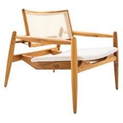 Soho Curved Cane-Back Chair in Teak Wood Finish and Oatmeal Fabric