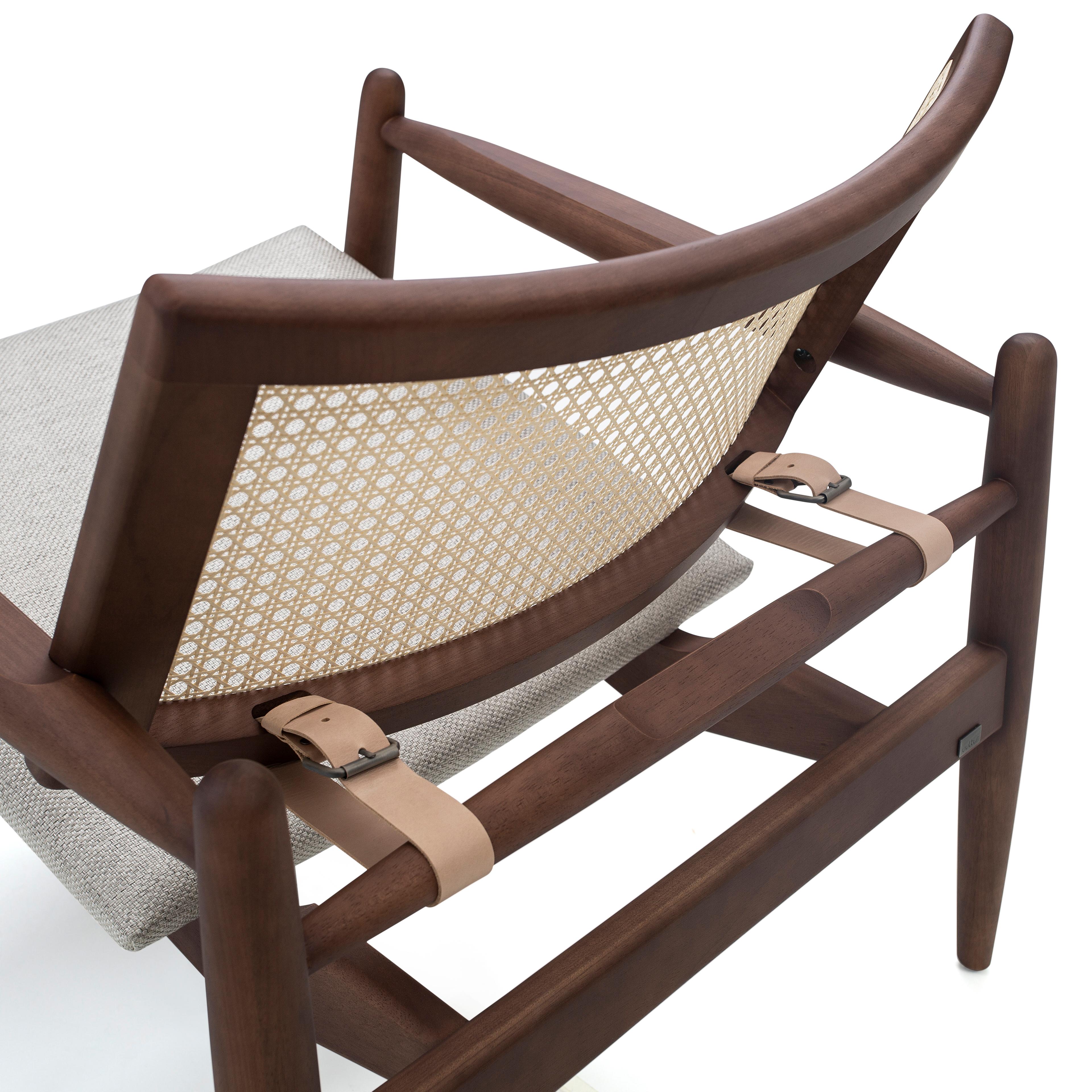 Scandinavian Modern Soho Contemporary Cane-Back Chair in Walnut Finish and Oatmeal Fabric For Sale