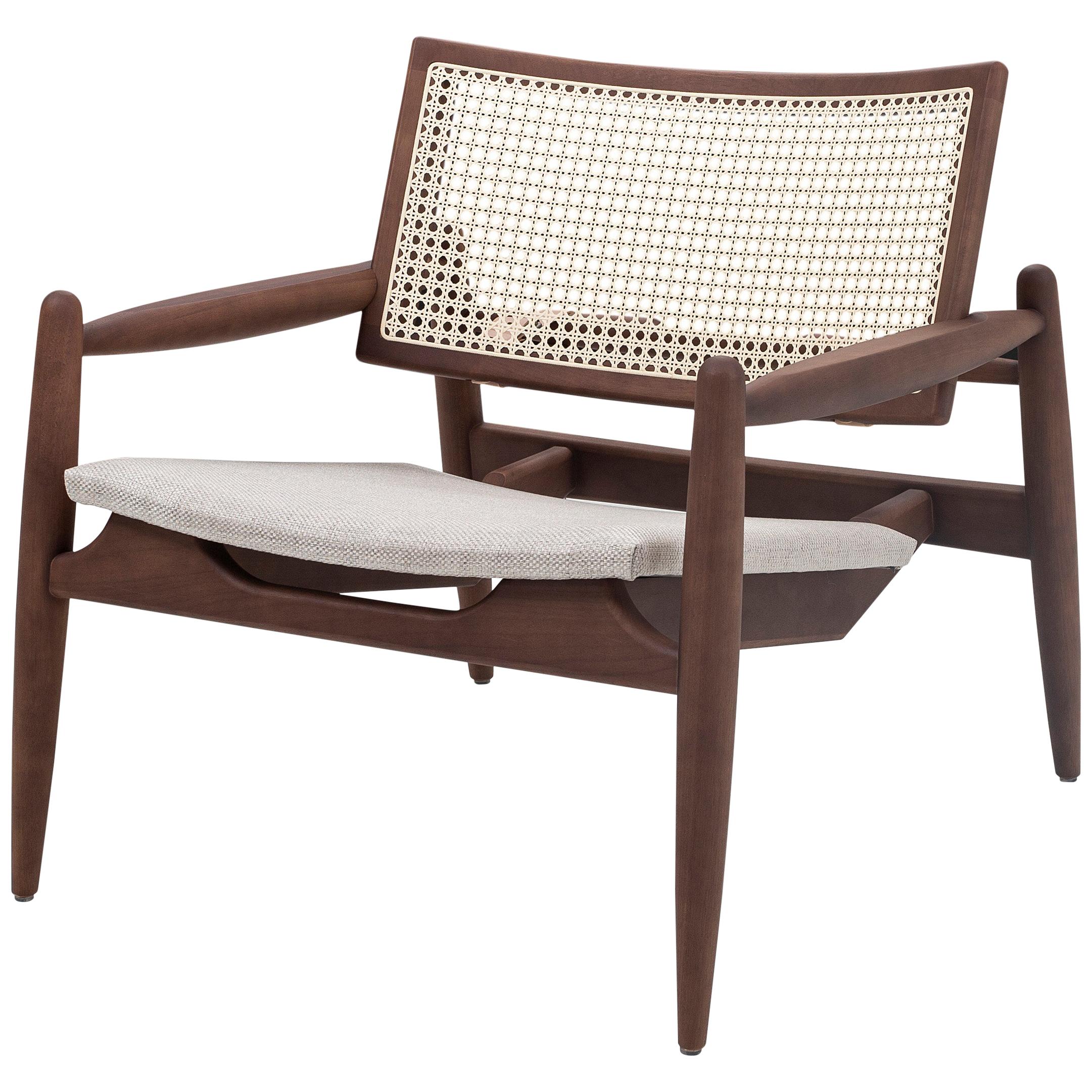 Soho Contemporary Cane-Back Chair in Walnut Finish and Oatmeal Fabric For Sale