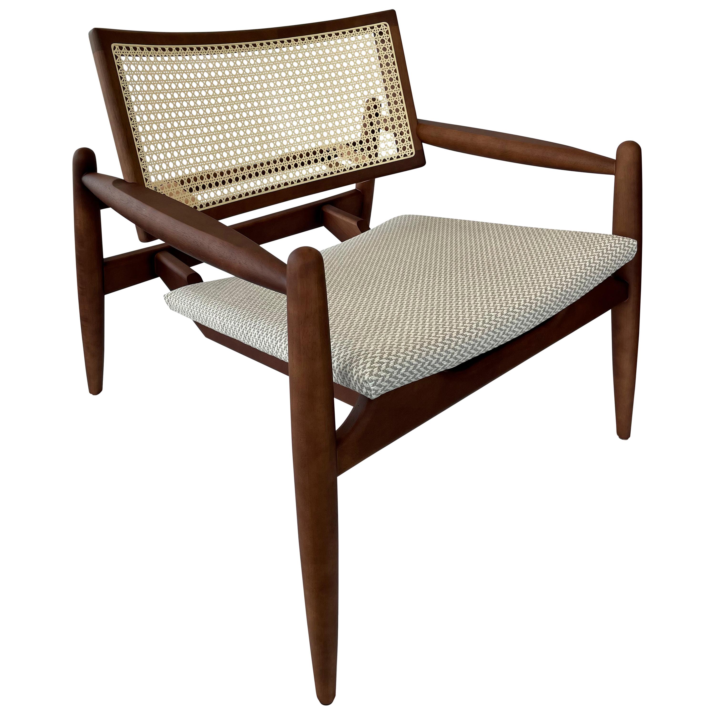 Soho Curved Cane-Back Chair in Walnut Wood with Herringbone Fabric Chair Seat