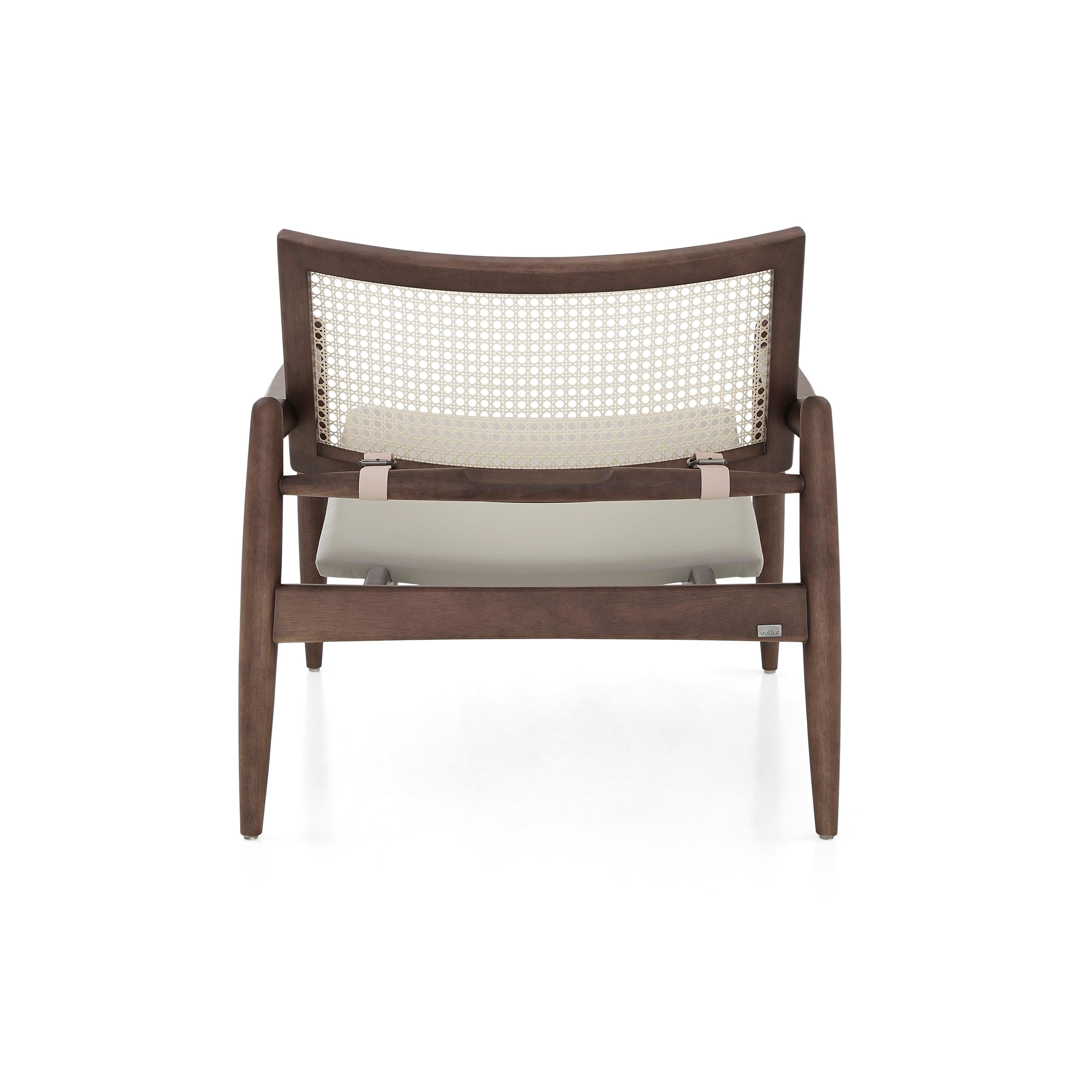 Brazilian Soho Curved Cane-Back Chair in Walnut Wood Finish with Gray Leather Chair Seat For Sale