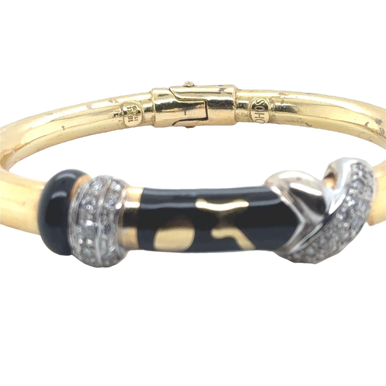 Brilliant Cut SOHO Italian Diamond Black Enamel 'X' Hinged Modern Bangle Bracelet