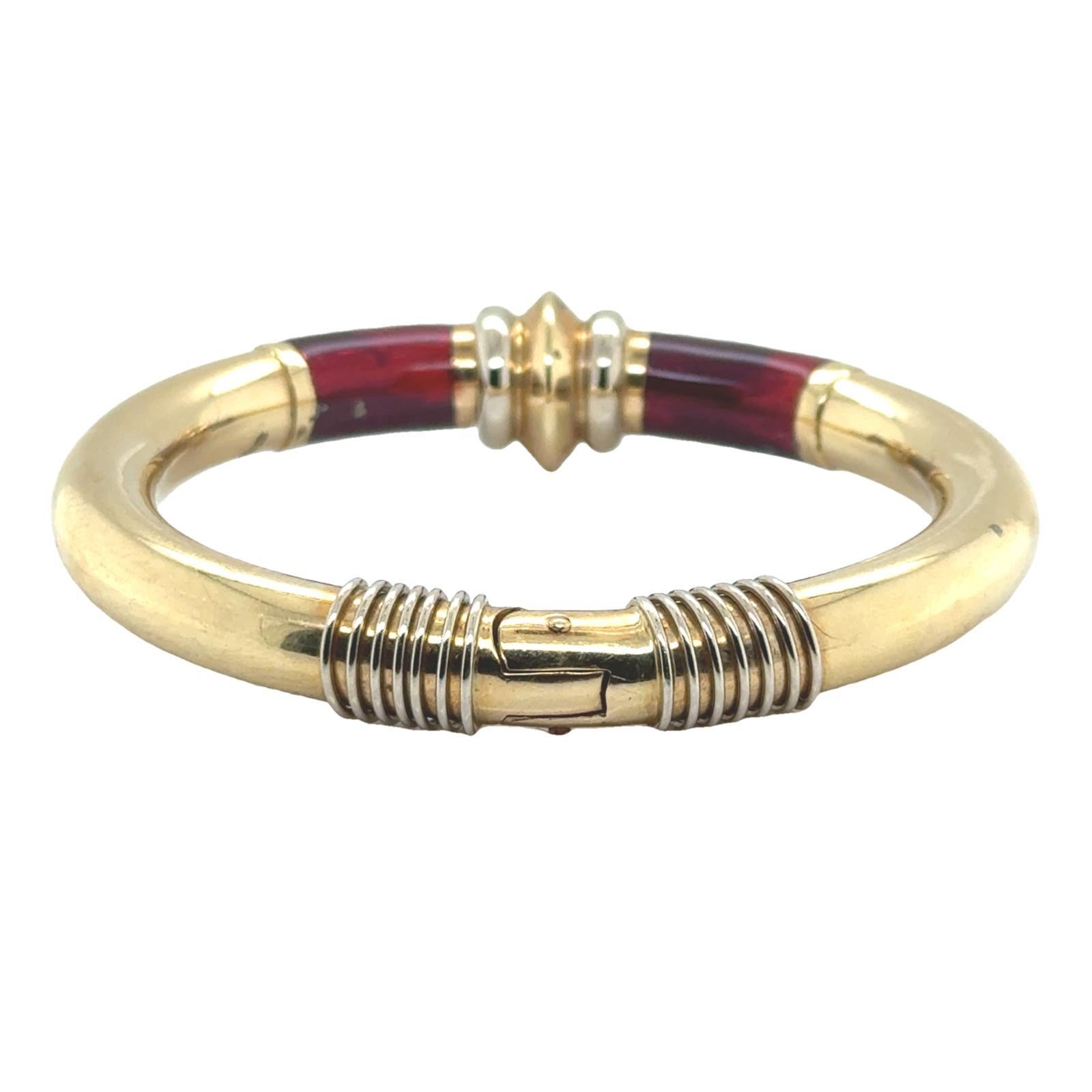 SOHO Moderner italienischer Armreif mit Scharnier aus 18 Karat Gelbgold mit roter Emaille 1