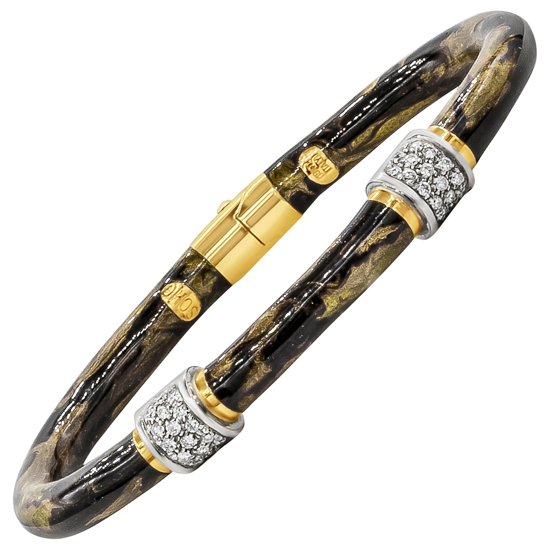 Soho Jewelry 18K Yellow Gold, Enamel and Diamond Bangle Bracelet For Sale