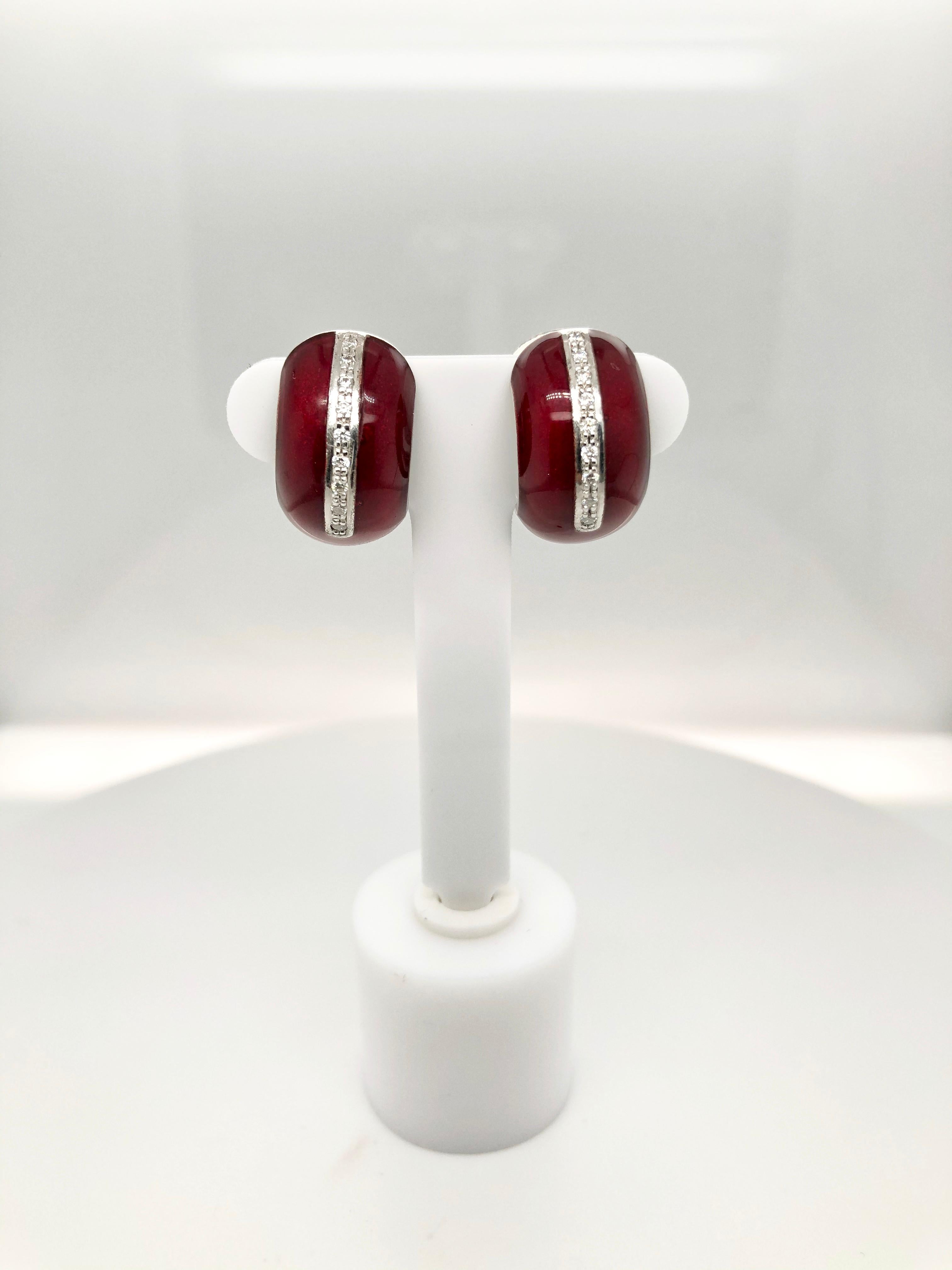 SOHO Red Enamel and Sterling Silver Earring with .18ctw of Diamonds. Handmade in Italy. Stamped ITALY 925