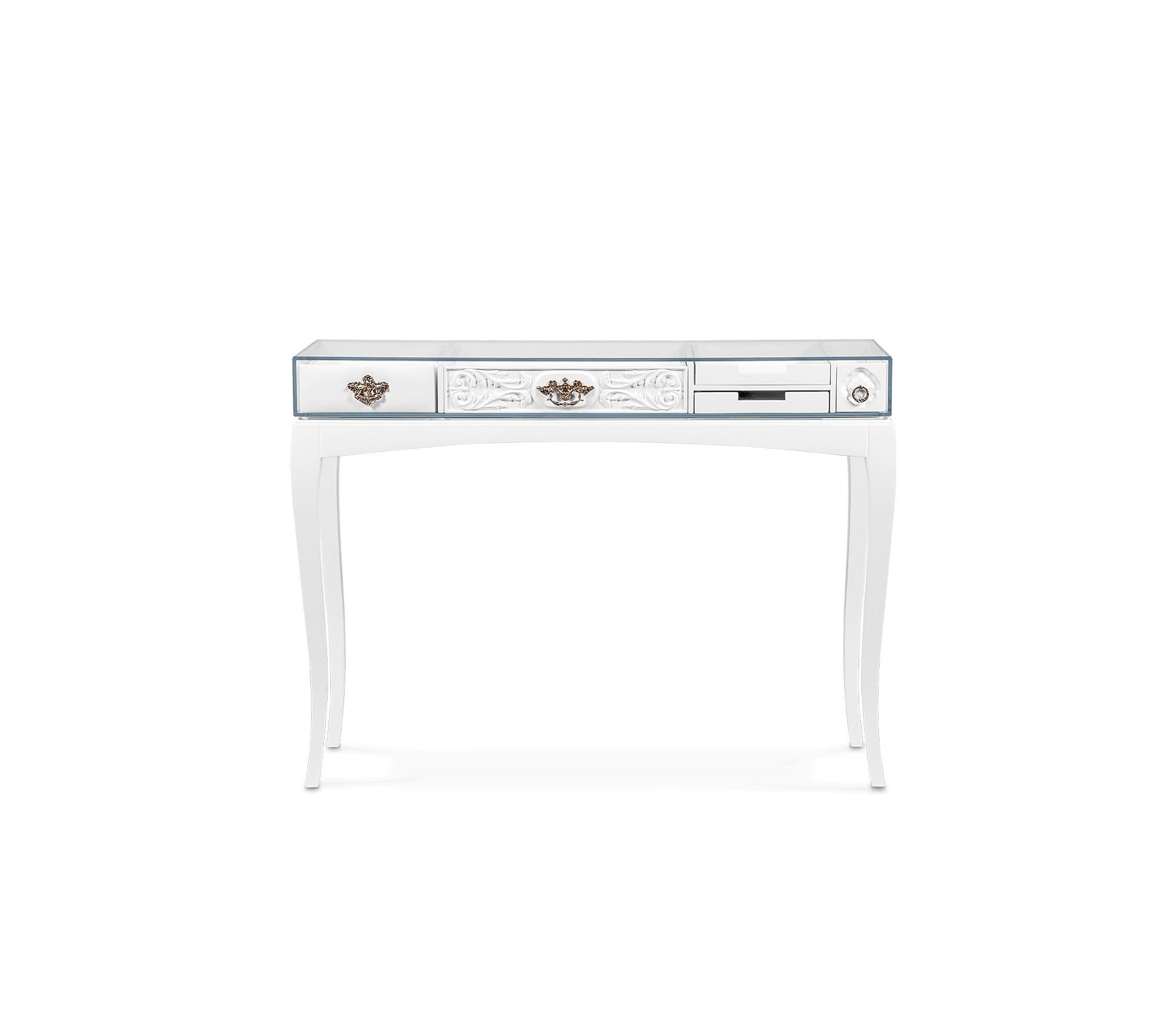 Portoghese Consolle SOHO White - Legno lavorato a mano, ottone foglia oro e vetro - Boca Do Lobo in vendita