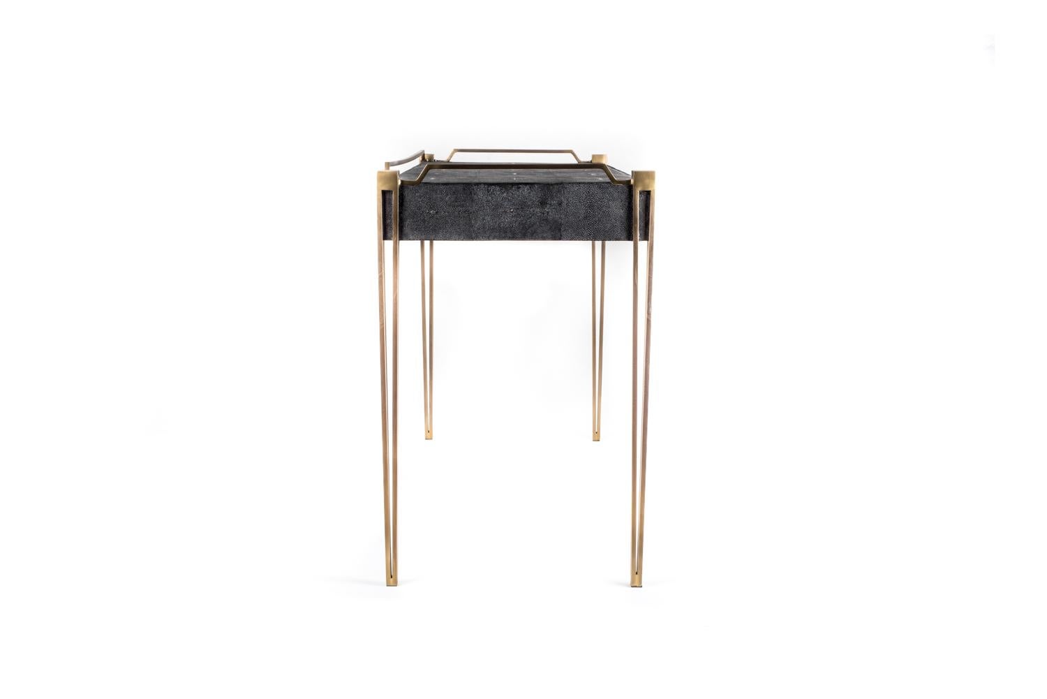 Art Deco Soho Writing Desk in Black Shagreen and Bronze-Patina Brass by R&Y Augousti