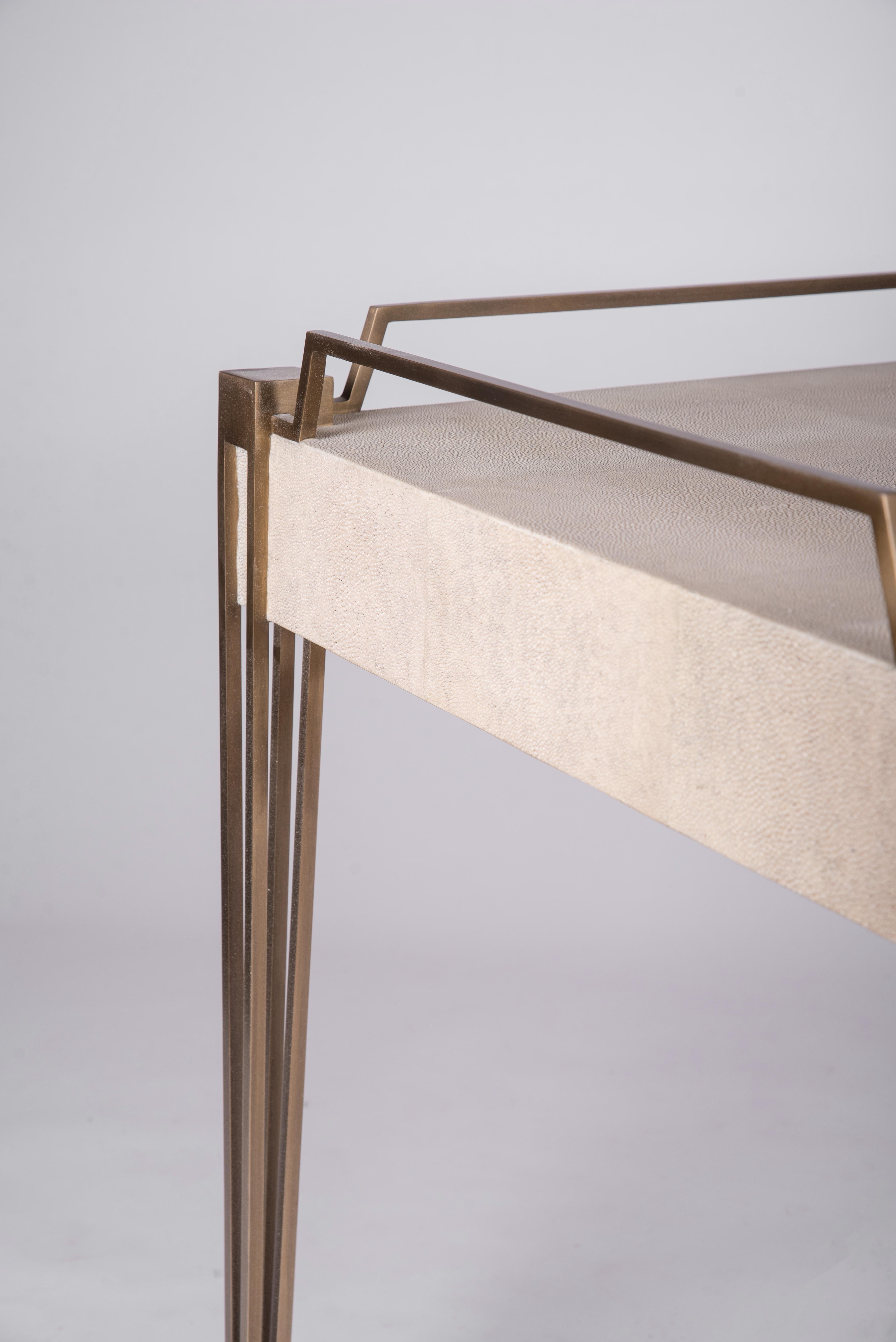 French Soho Writing Desk in Cream Shagreen and Bronze-Patina Brass by R & Y Augousti For Sale