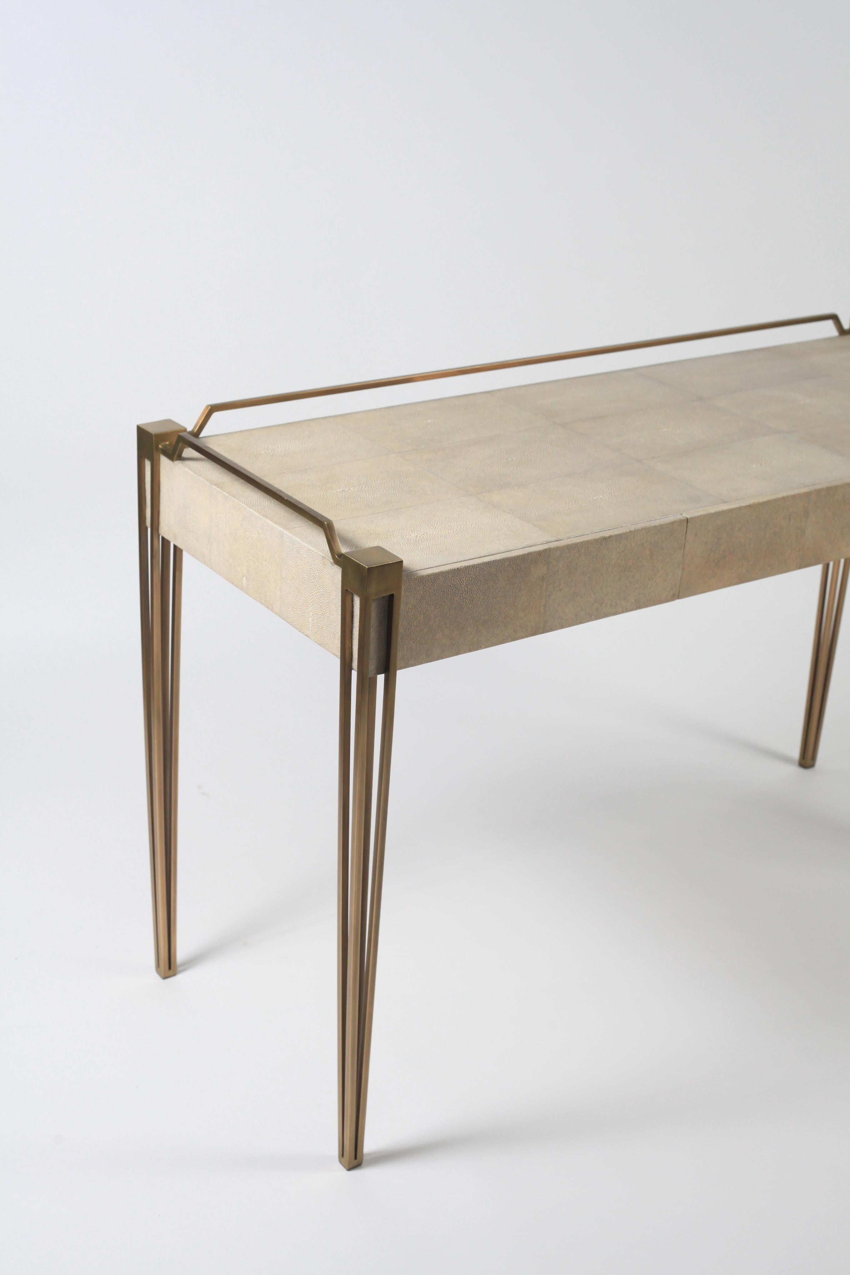 Art Deco Soho Writing Desk in Cream Shagreen and Bronze-Patina Brass by R & Y Augousti For Sale