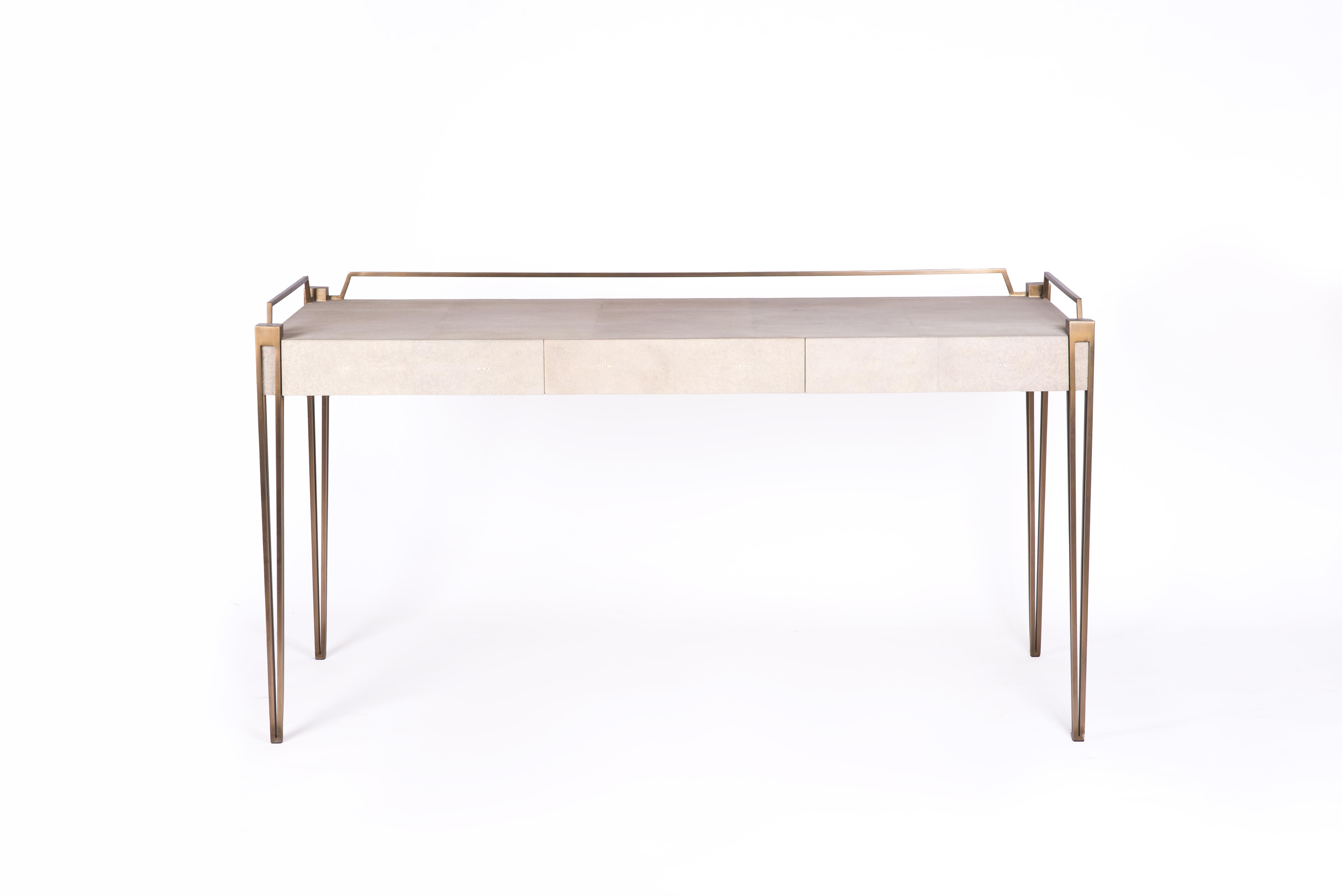 Hand-Crafted Soho Writing Desk in Cream Shagreen and Bronze-Patina Brass by R & Y Augousti For Sale