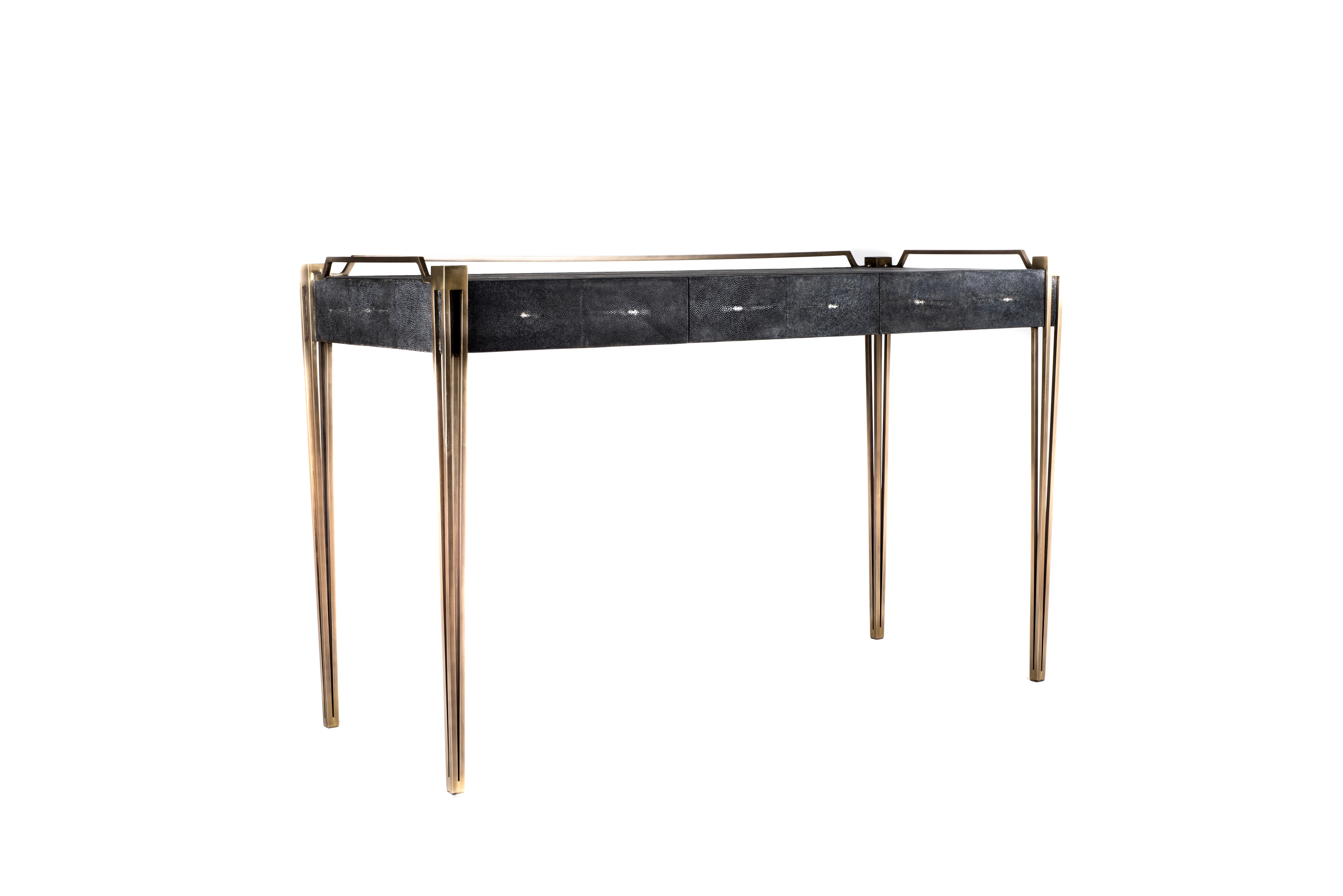 French Soho Writing Desk in Cream Shagreen and Bronze-Patina Brass by R & Y Augousti For Sale