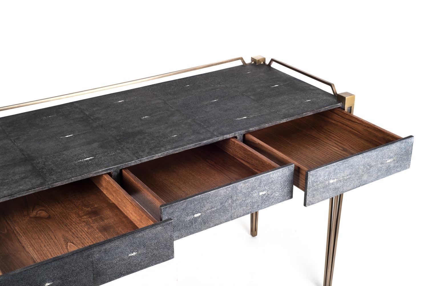 Hand-Crafted Soho Writing Desk in Cream Shagreen and Bronze-Patina Brass by R & Y Augousti For Sale