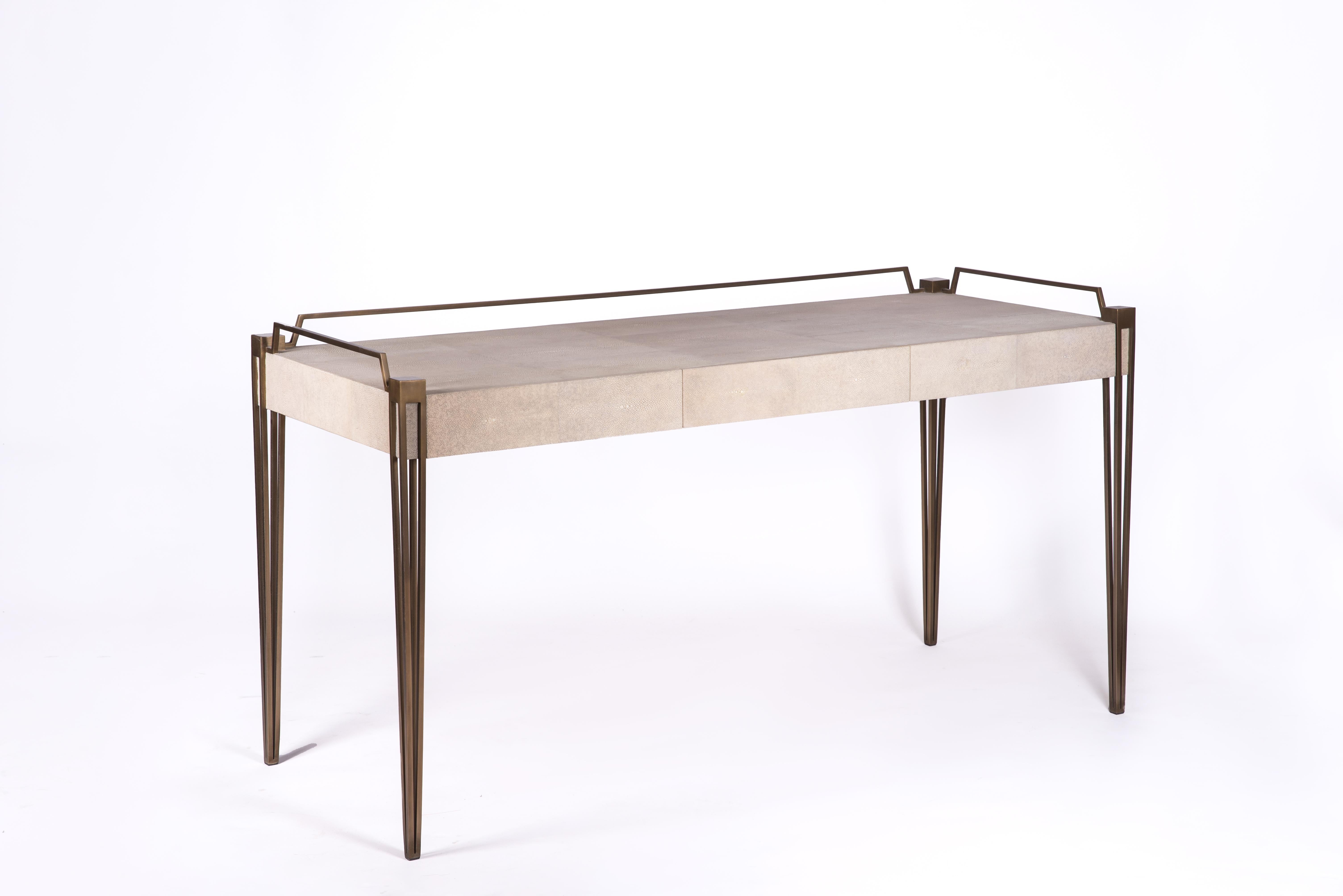 Soho Writing Desk in Cream Shagreen and Bronze-Patina Brass by R & Y Augousti For Sale 3