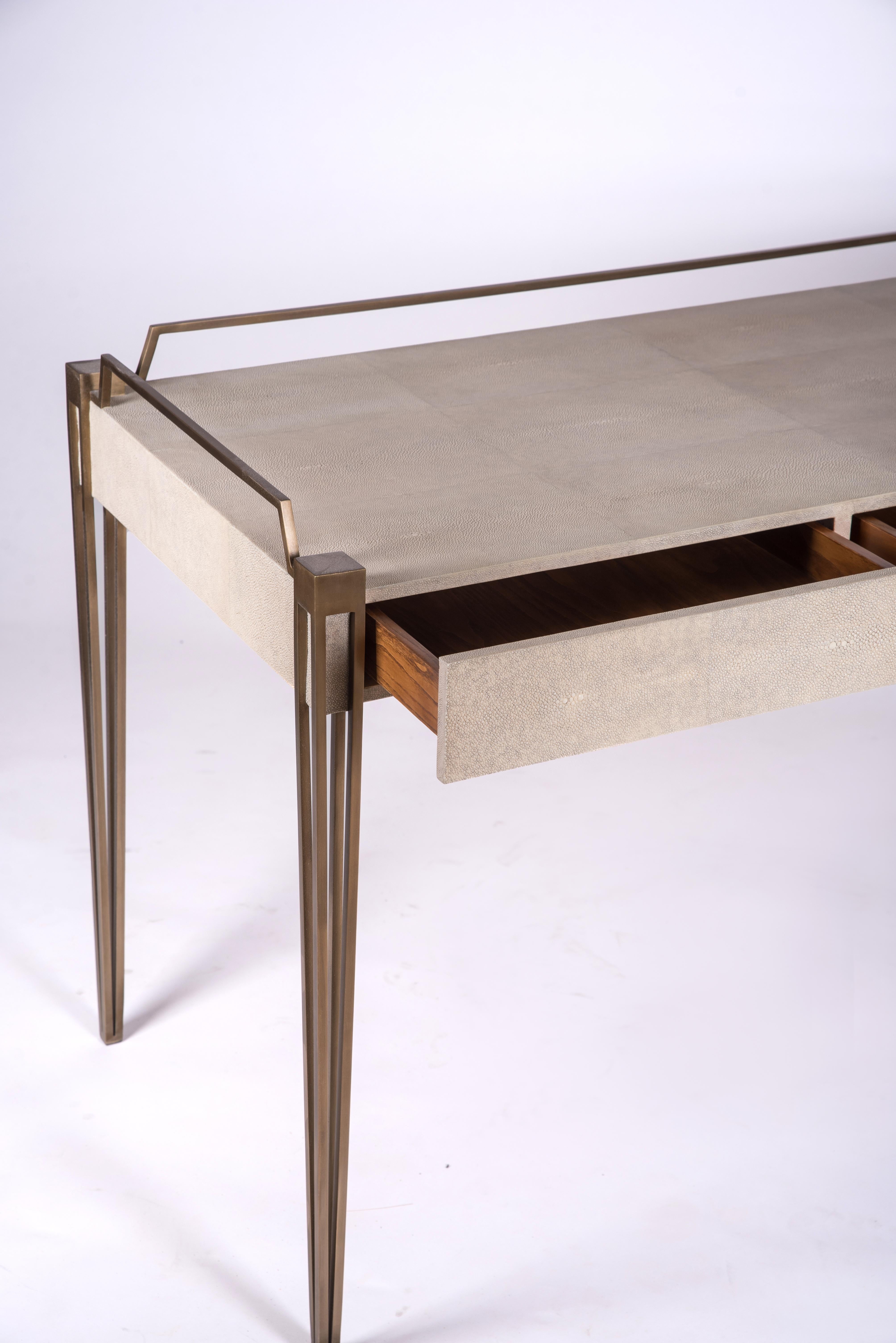 Art Deco Soho Writing Desk in Cream Shagreen and Bronze-Patina Brass by R & Y Augousti For Sale