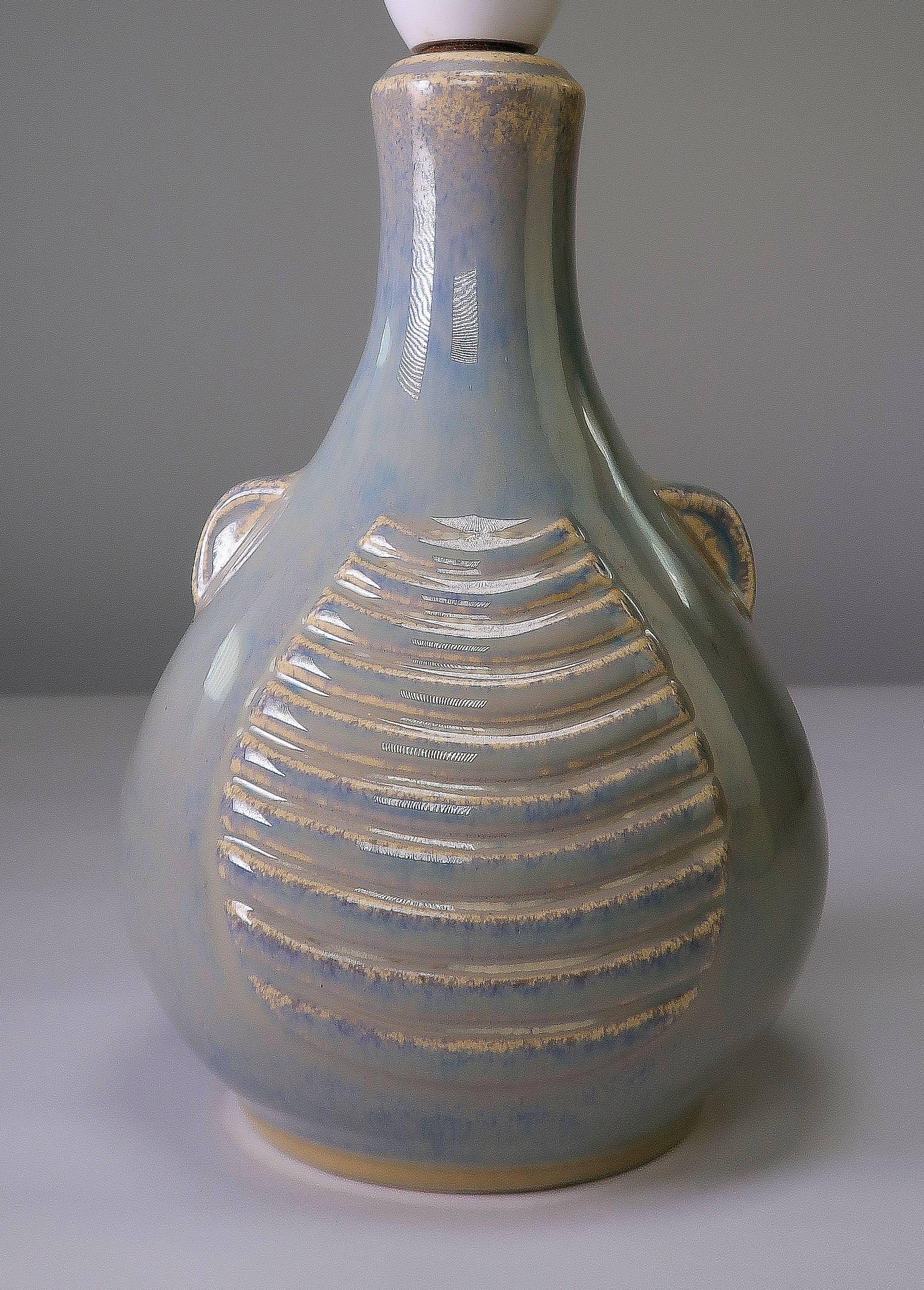 Glazed Soholm Danish Mid-Century Modern Sage Green, Blue Relief Stoneware Lamp, 1960s