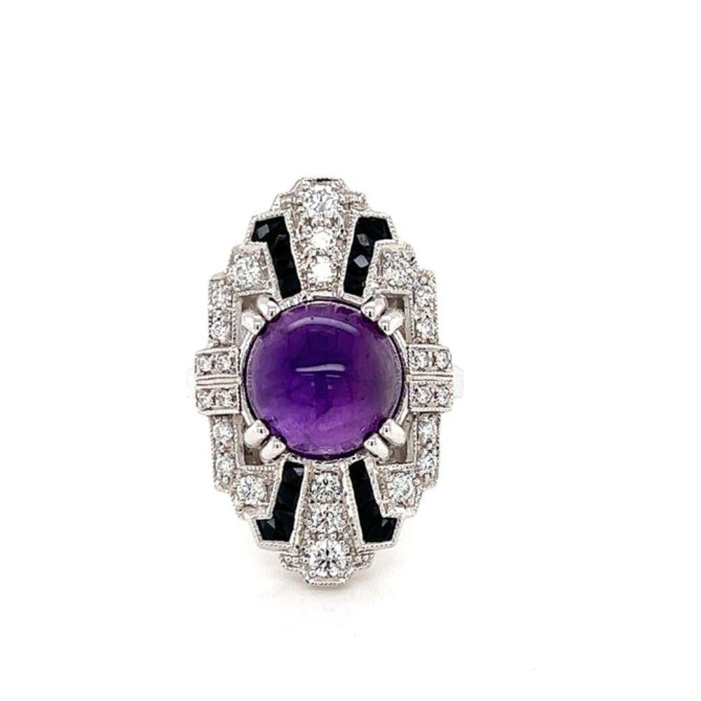 Soirée Ring

This striking art deco inspired ring is perfect for any occasion. With its smooth polished cabochon amethyst, deco craftsmanship and french cut onyx this ring is vintage inspired and made with todays finest craftsmanship.

Additional