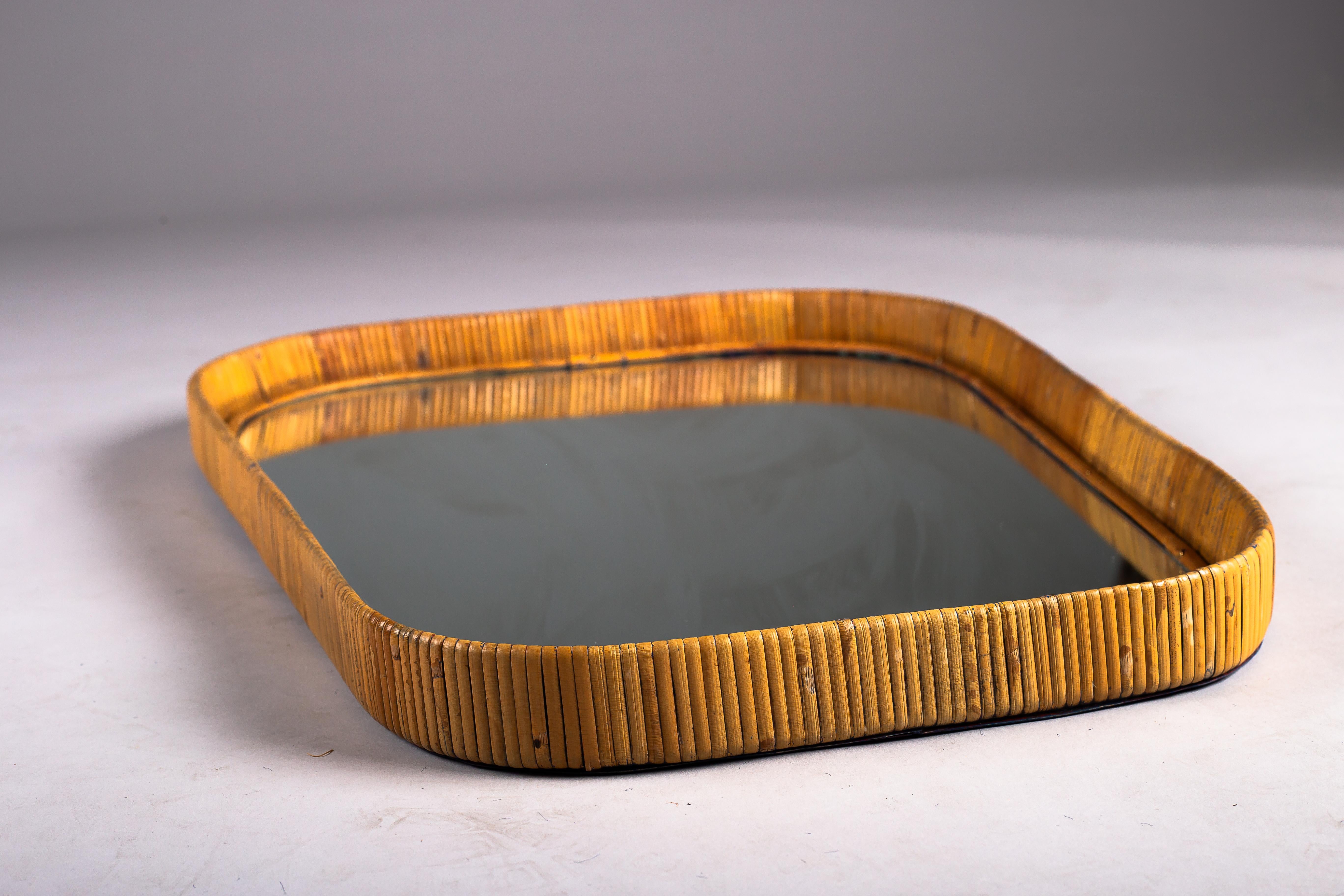 Mid-Century Modern Sokeva Oy, Finnish mid-century modern rattan mirror For Sale