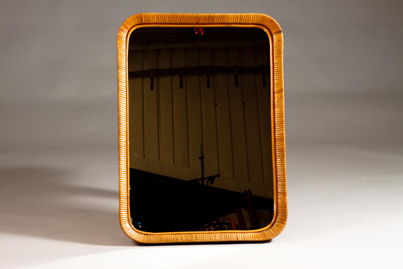 Finnish Sokeva Oy, mid-century modern rattan mirror For Sale