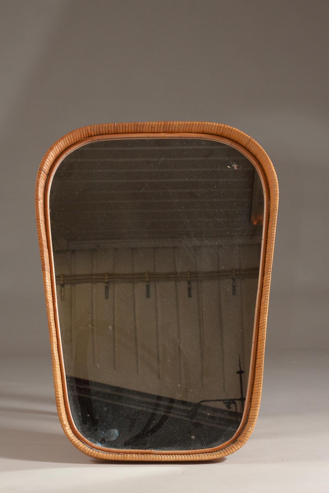 Finnish Sokeva Oy, mid-century modern rattan mirror For Sale