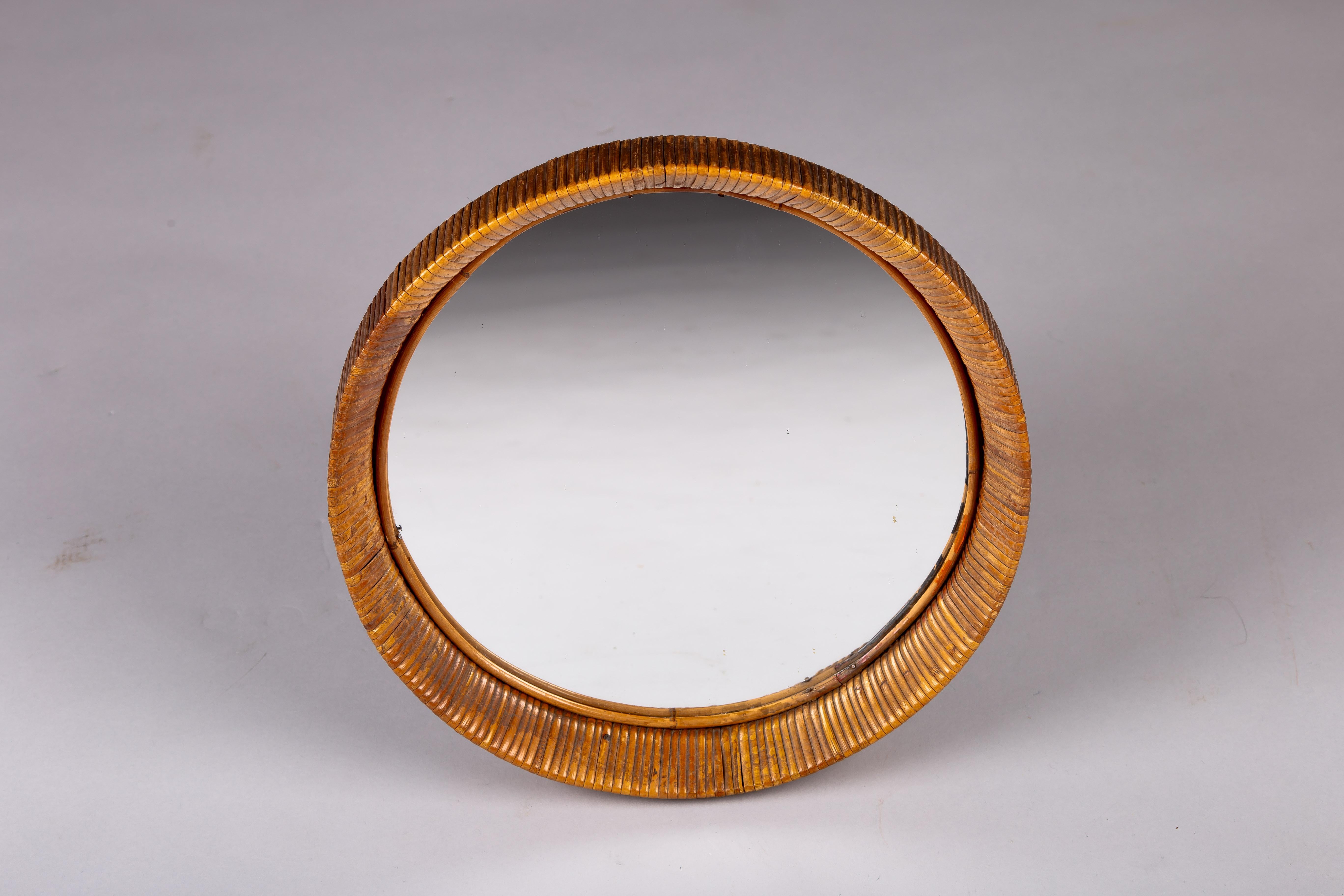 Sokeva Oy, mid-century modern round rattan mirror For Sale 3