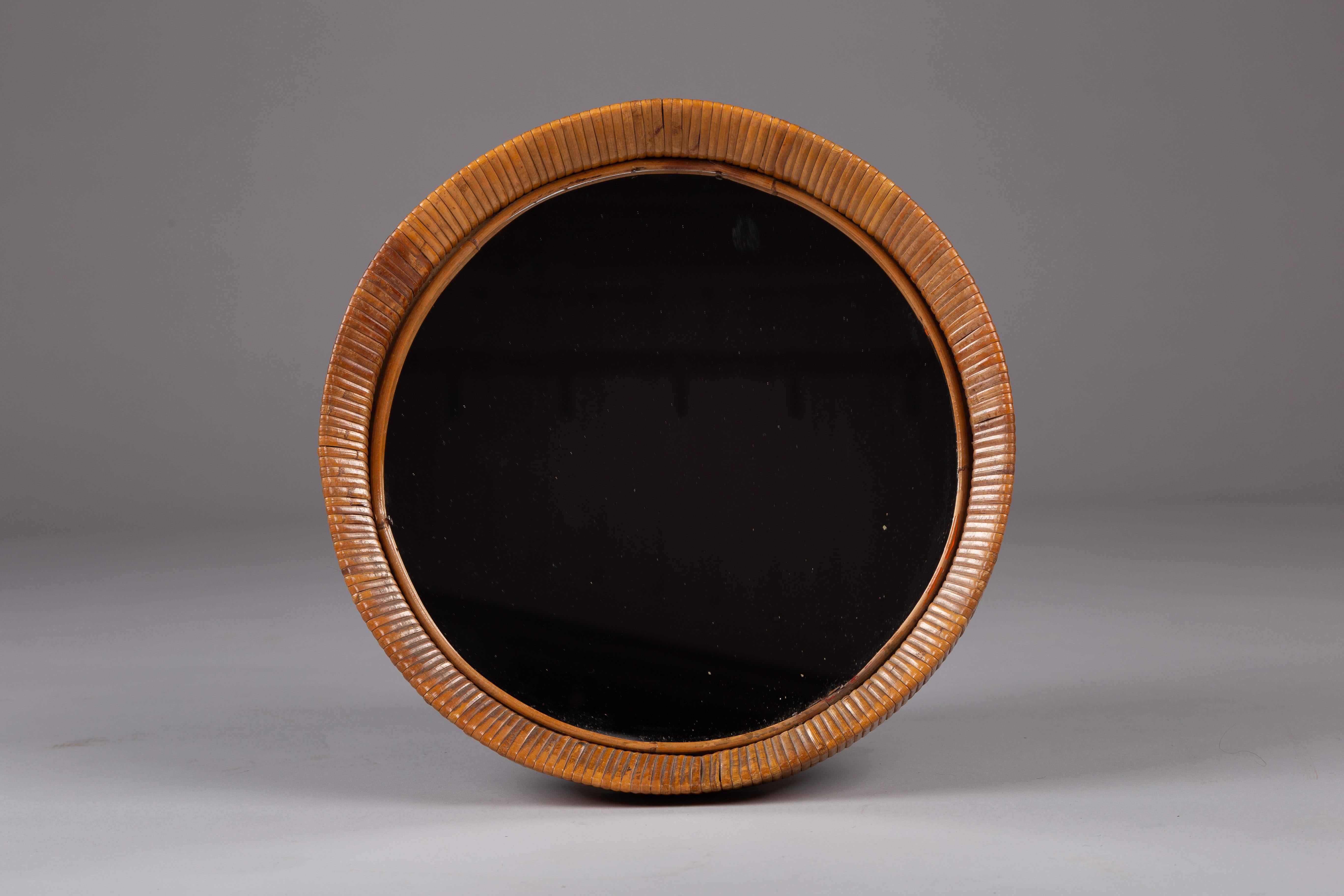 Sokeva Oy, mid-century modern round rattan mirror For Sale 4