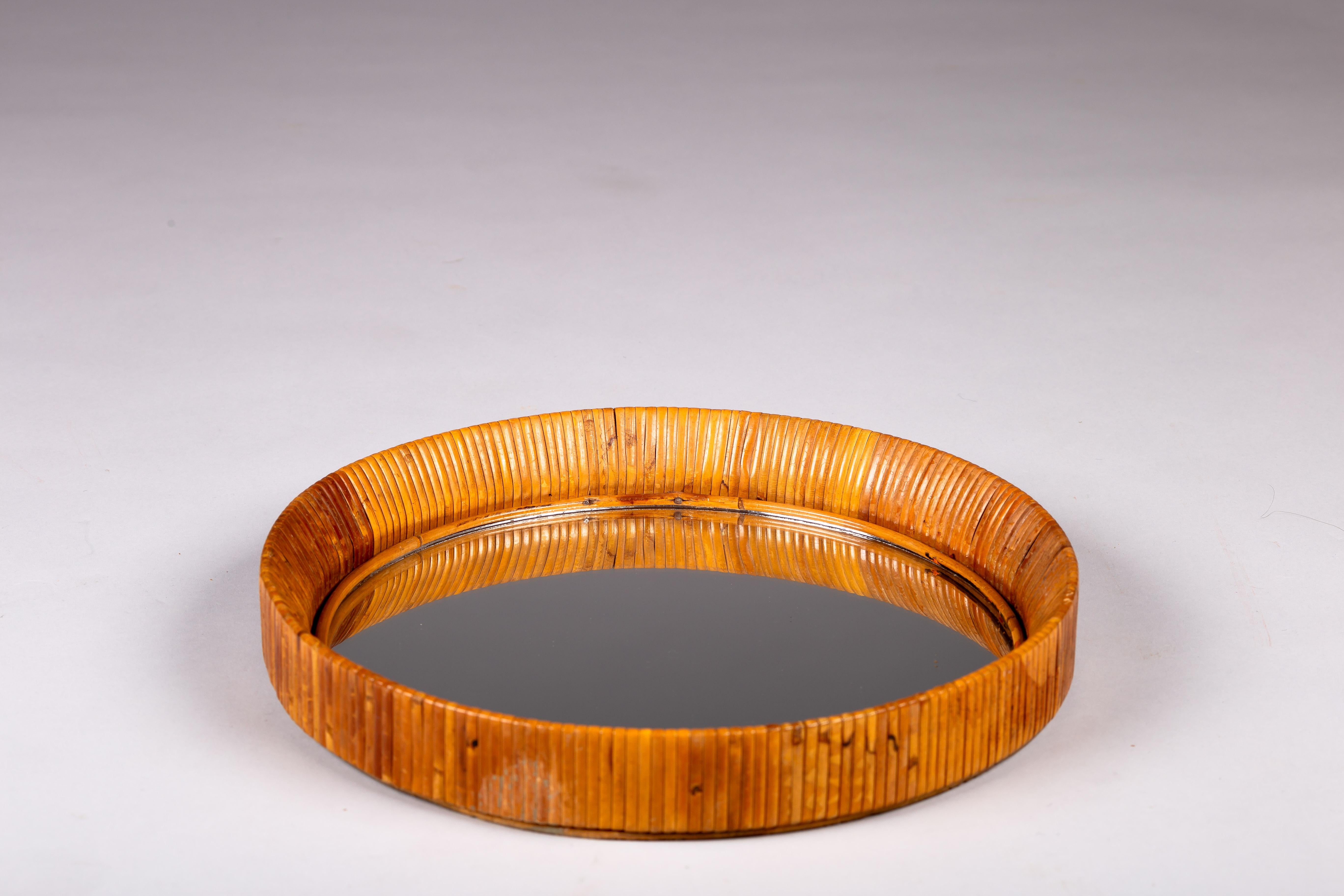 Finnish Sokeva Oy, mid-century modern round rattan mirror For Sale