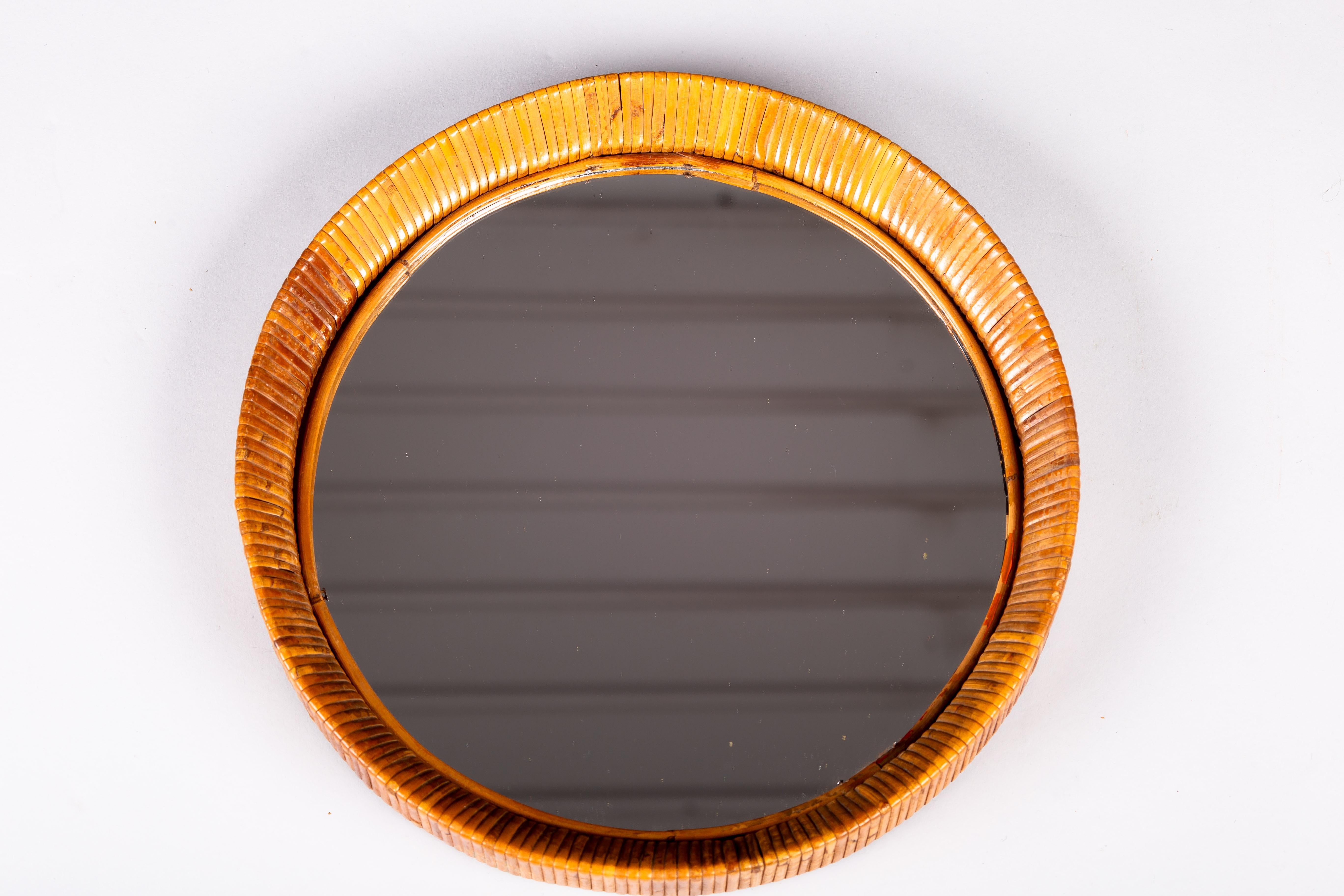 Rattan Sokeva Oy, mid-century modern round rattan mirror For Sale