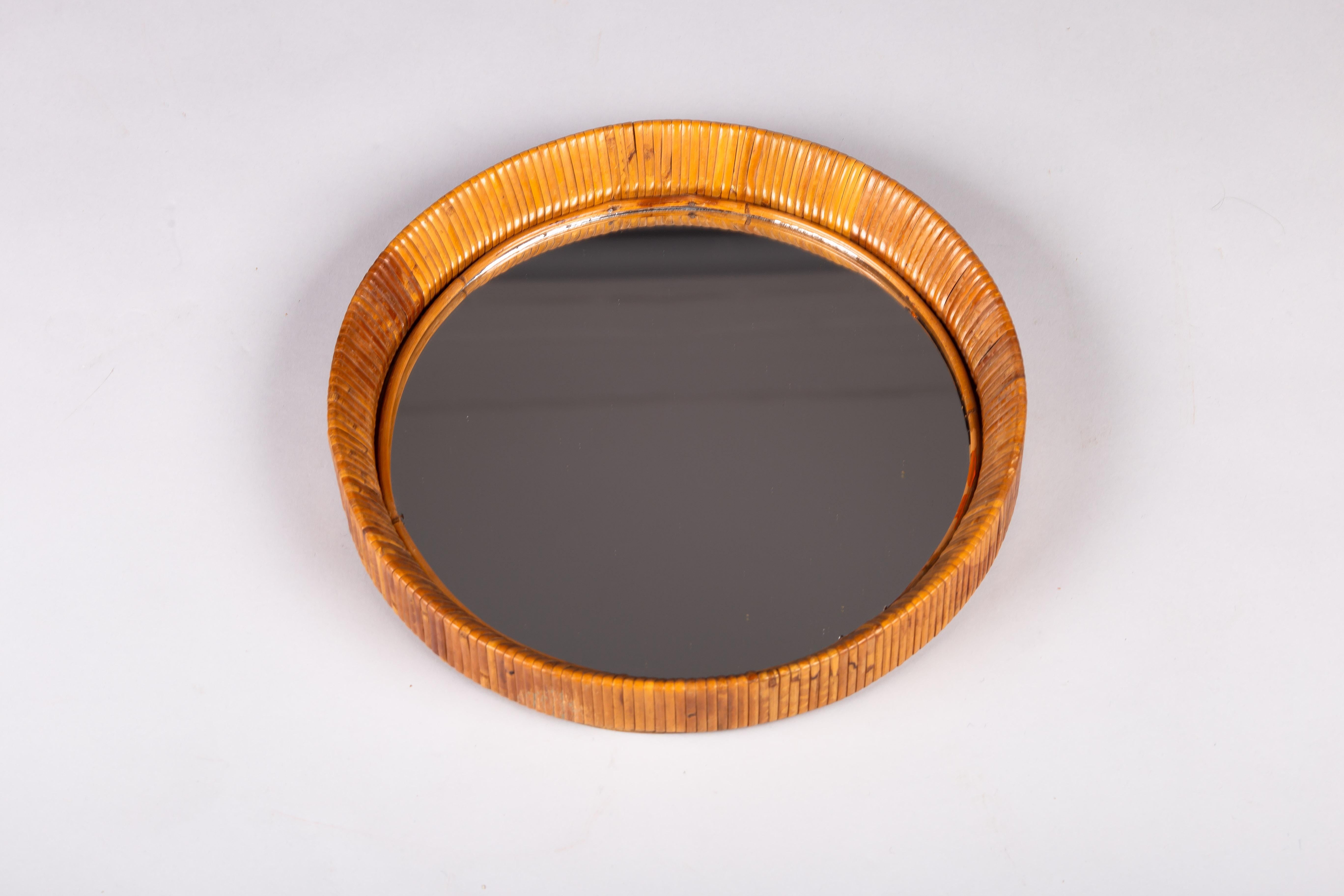 Sokeva Oy, mid-century modern round rattan mirror For Sale 1