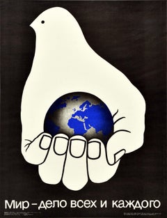 Original Vintage Poster Peace Everyone
s Business Caring Hand Dove Design USSR