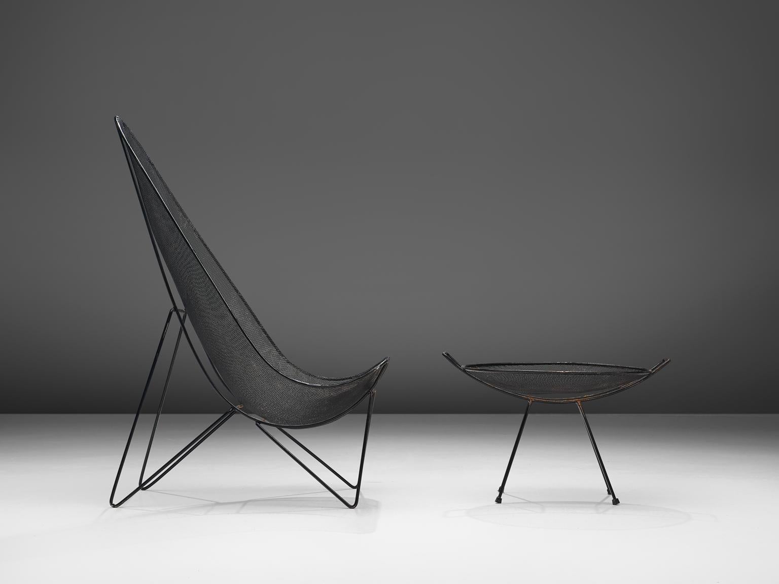 Sol Bloom, 'Scoop' patio chair and catch-all in black wrought iron with table, United States, 1950s. 

This high back patio or garden chair designed by Sol Bloom, which can be used as a lounge chair as well, is executed in iron and woven steel.