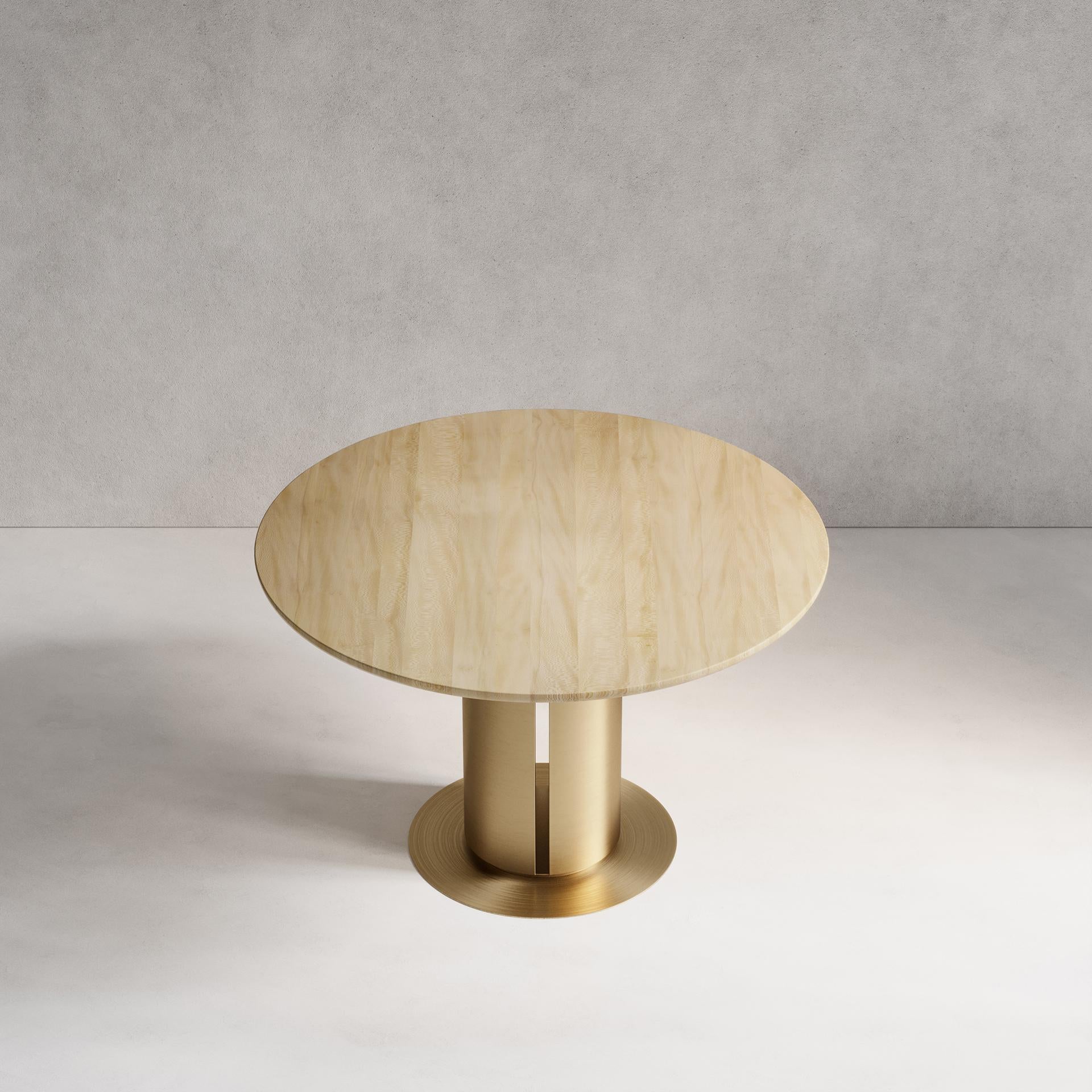 Patinated 'Sol Dining Table' Solid Sycamore, Hand-Spun Brass For Sale
